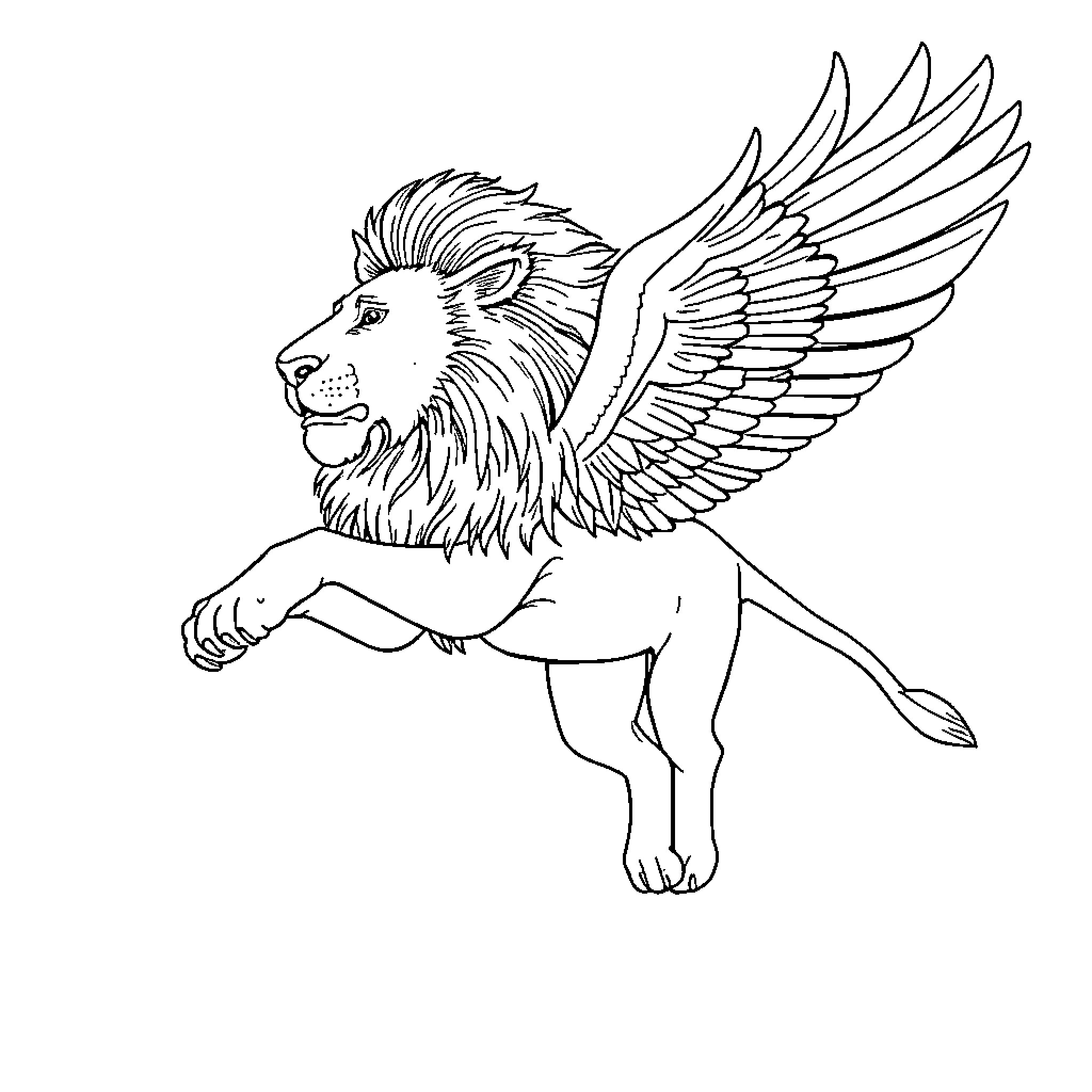 Lion with majestic wings soaring through the sky Coloring Page (free black-and-white line drawing printable PDF for all, from beginners to advanced learners, including children, teens, adults, and seniors)