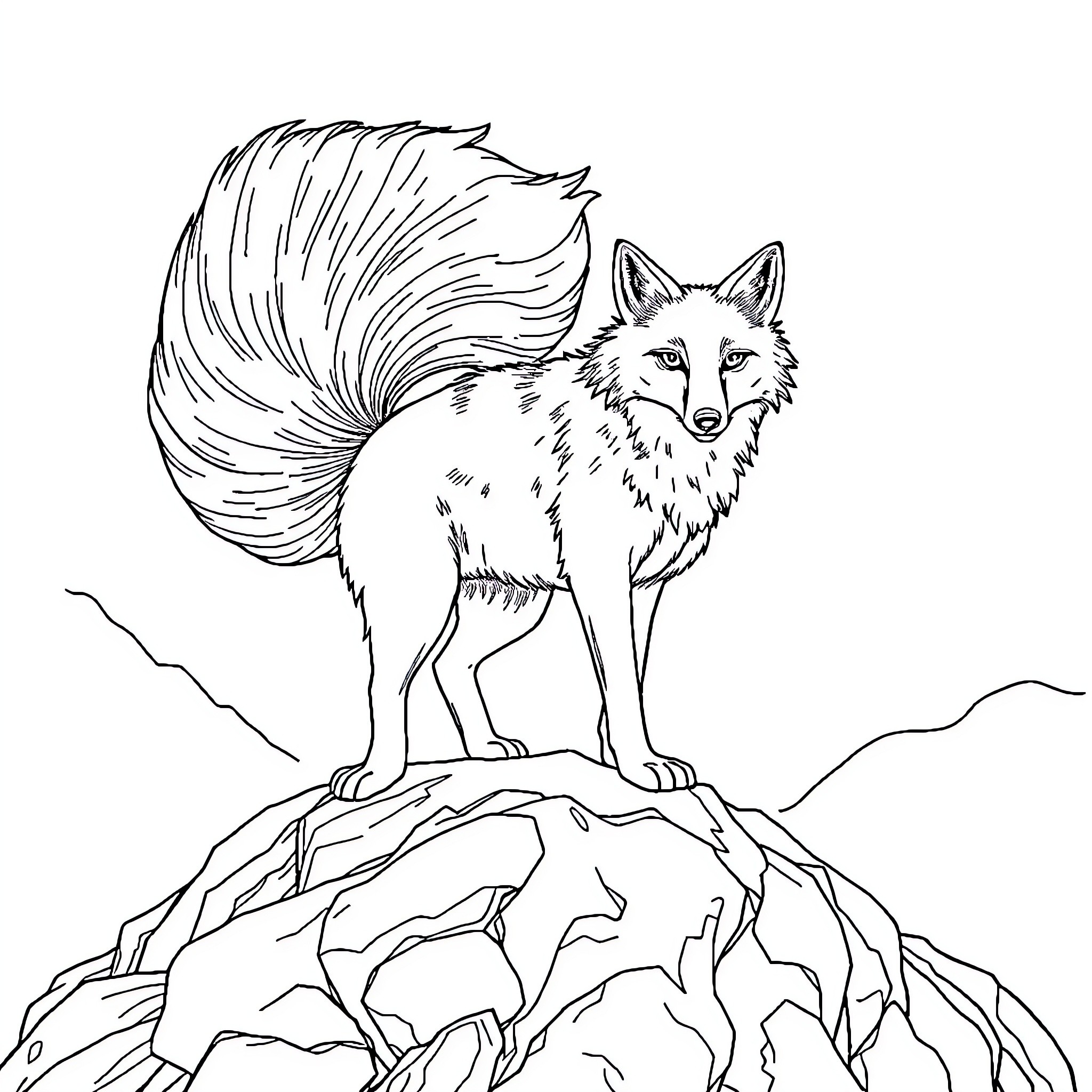 Nine-Tailed Fox standing on rocky cliffs Coloring Page (free black-and-white line drawing printable PDF for all, from beginners to advanced learners, including children, teens, adults, and seniors)