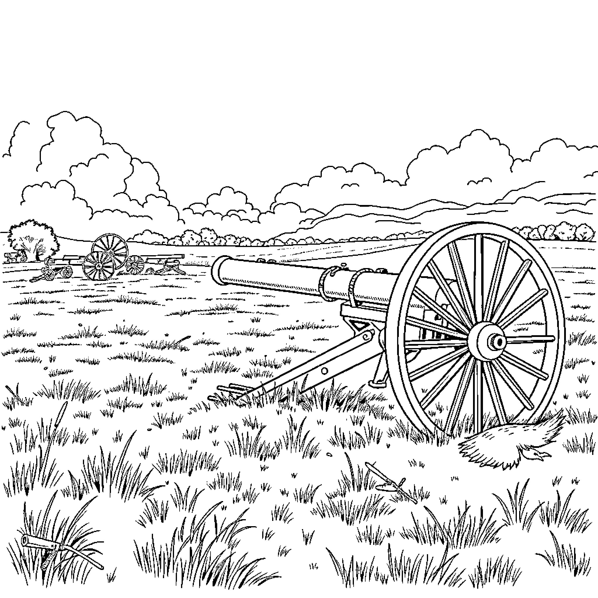 Artillery Pieces in Grassy Battlefield Landscape Coloring Page (free black-and-white line drawing printable PDF for all, from beginners to advanced learners, including children, teens, adults, and seniors)