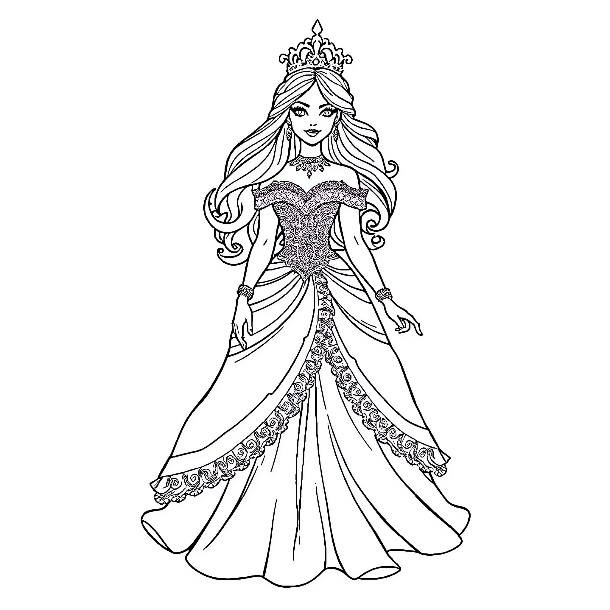 Wonder Woman in Elegant Gown and Crown Coloring Page (free black-and-white line drawing printable PDF for all, from beginners to advanced learners, including children, teens, adults, and seniors)