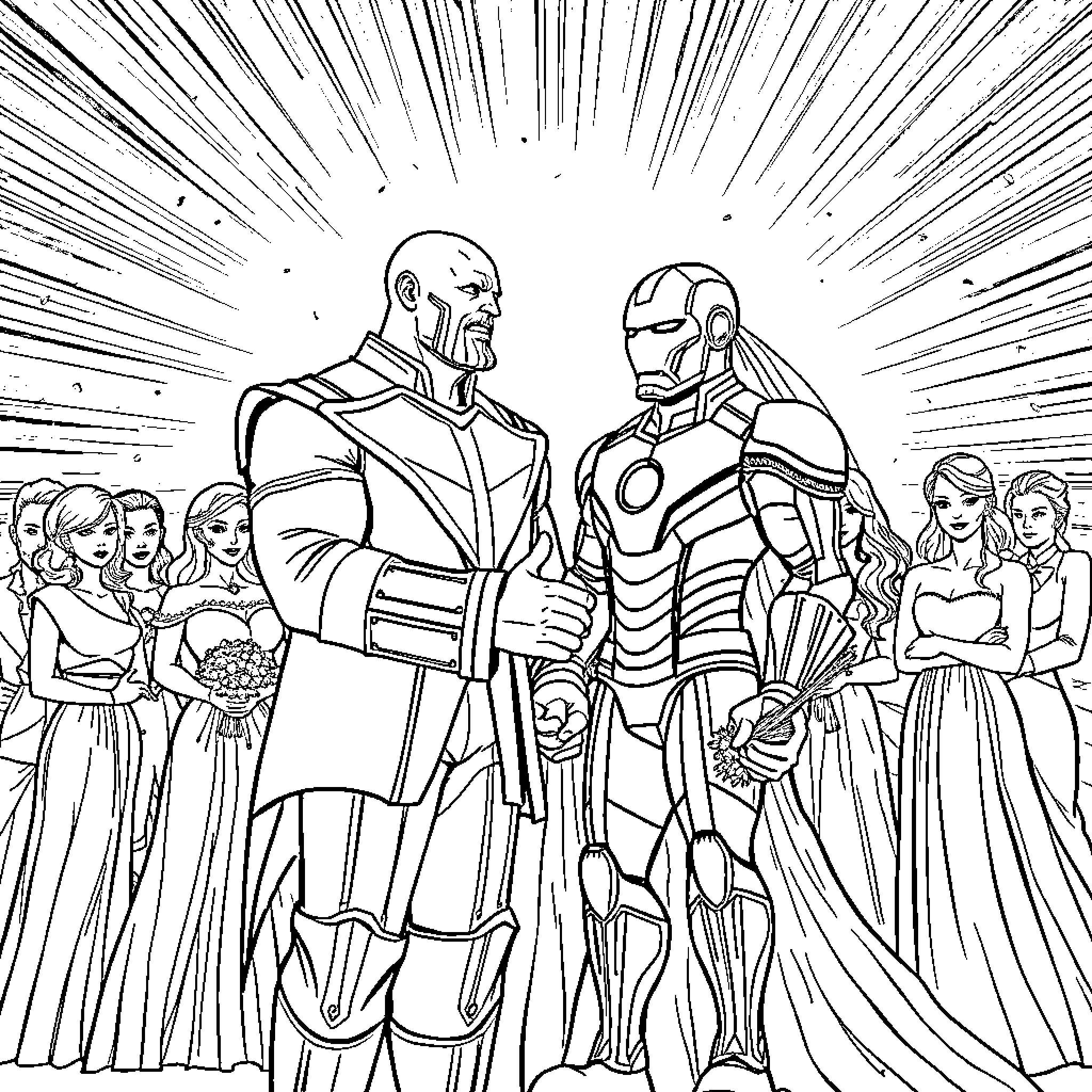 Thanos and Iron Man in an epic standoff with crowd Coloring Page (free black-and-white line drawing printable PDF for all, from beginners to advanced learners, including children, teens, adults, and seniors)