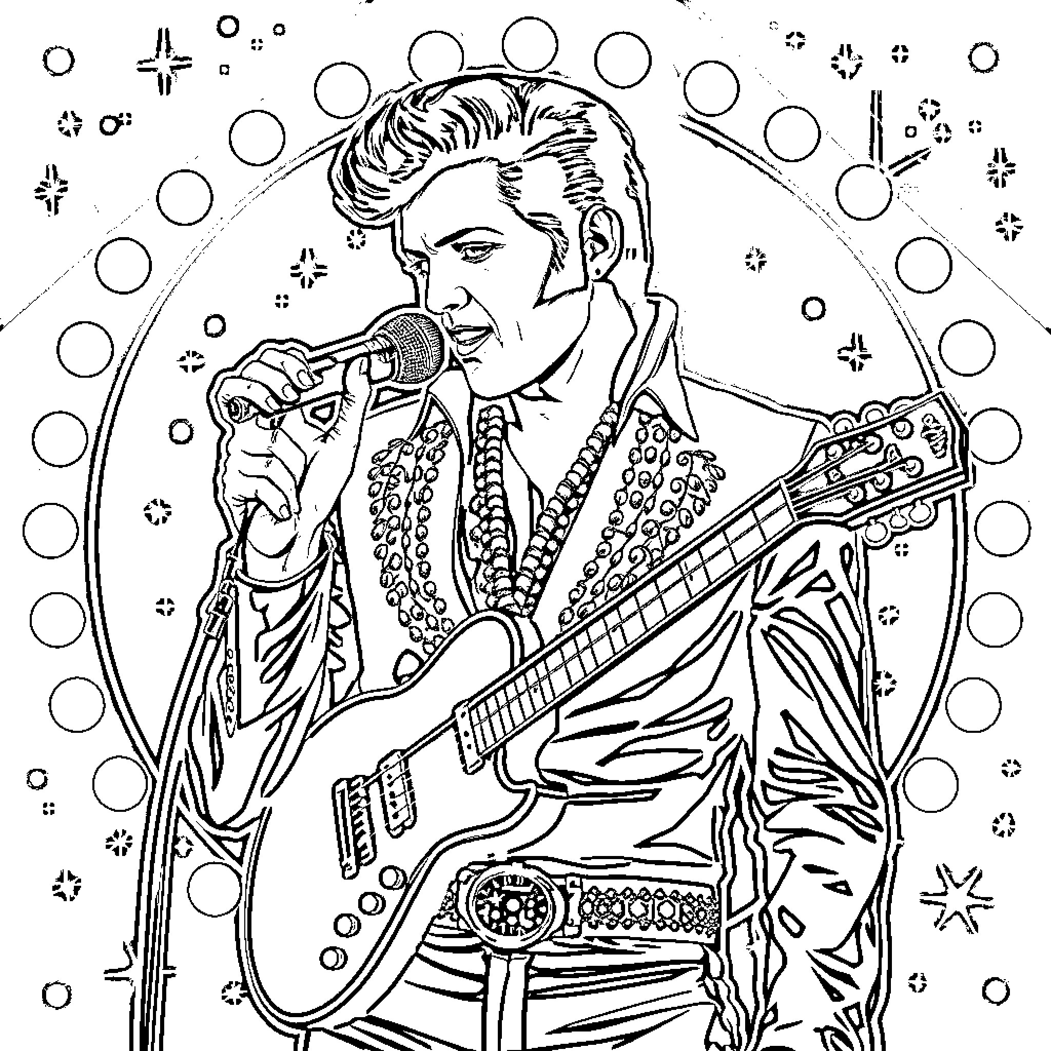 Elvis Presley performing on stage with guitar and microphone Coloring Page (free black-and-white line drawing printable PDF for all, from beginners to advanced learners, including children, teens, adults, and seniors)