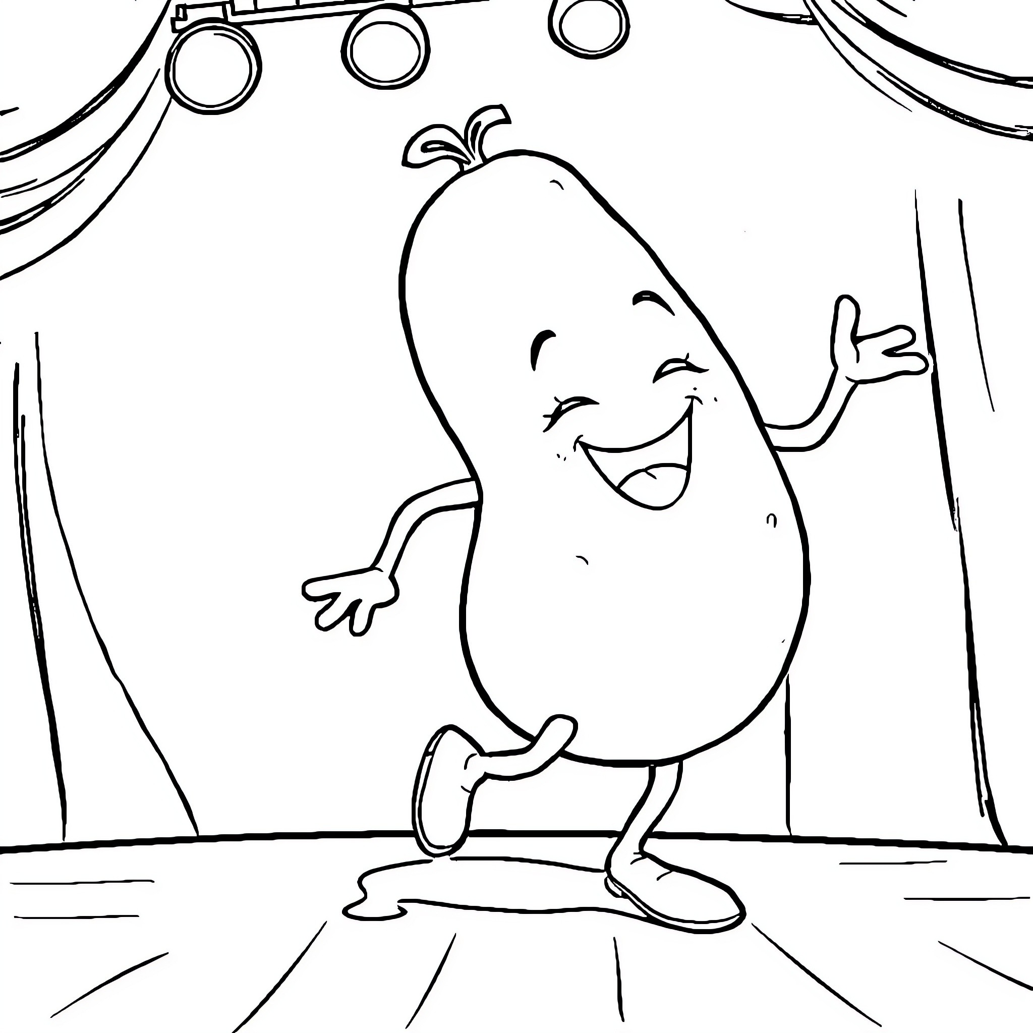 Potato character having fun on stage Coloring Page (free black-and-white line drawing printable PDF for all, from beginners to advanced learners, including children, teens, adults, and seniors)