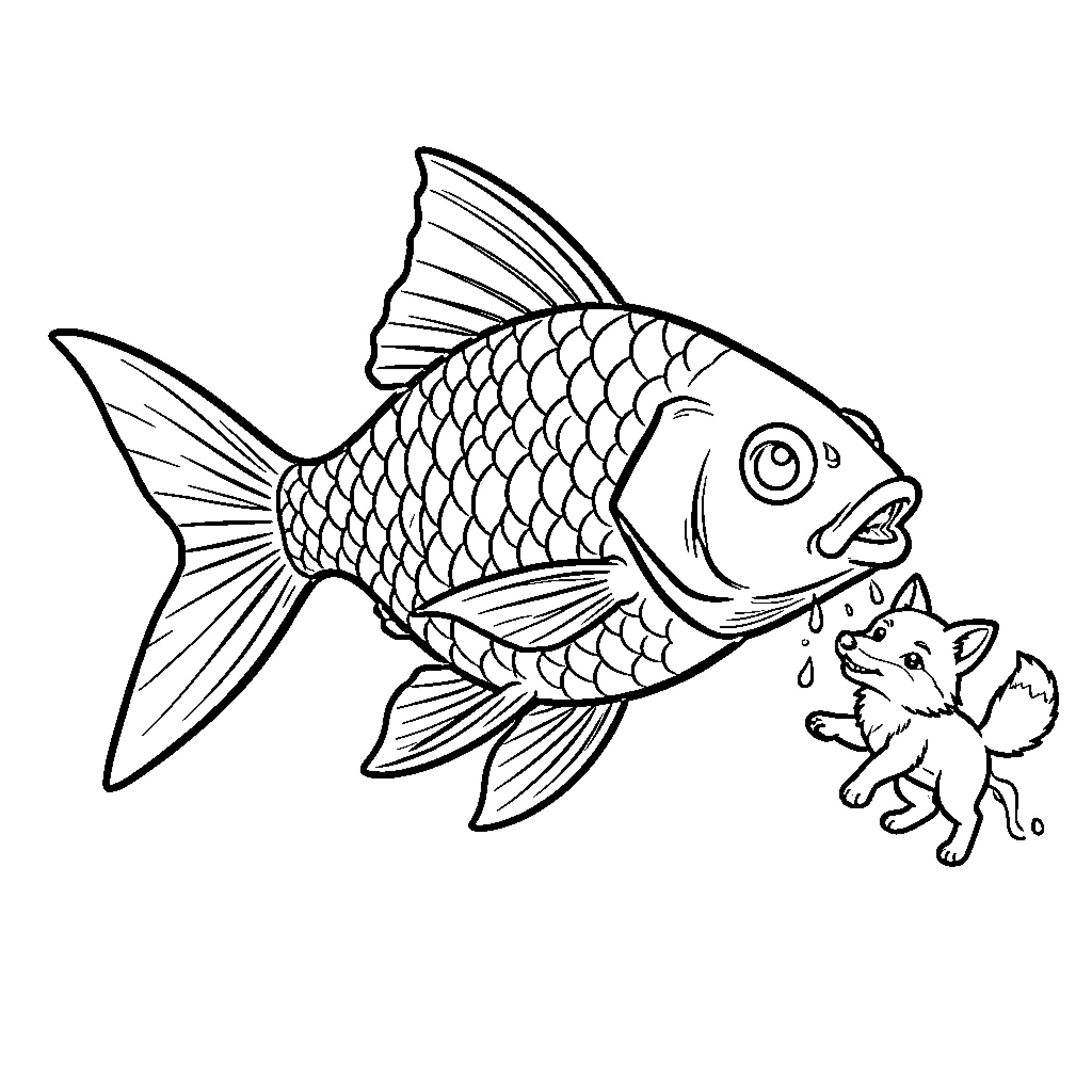 Beta large fish looking down at a small fox Coloring Page (free black-and-white line drawing printable PDF for all, from beginners to advanced learners, including children, teens, adults, and seniors)