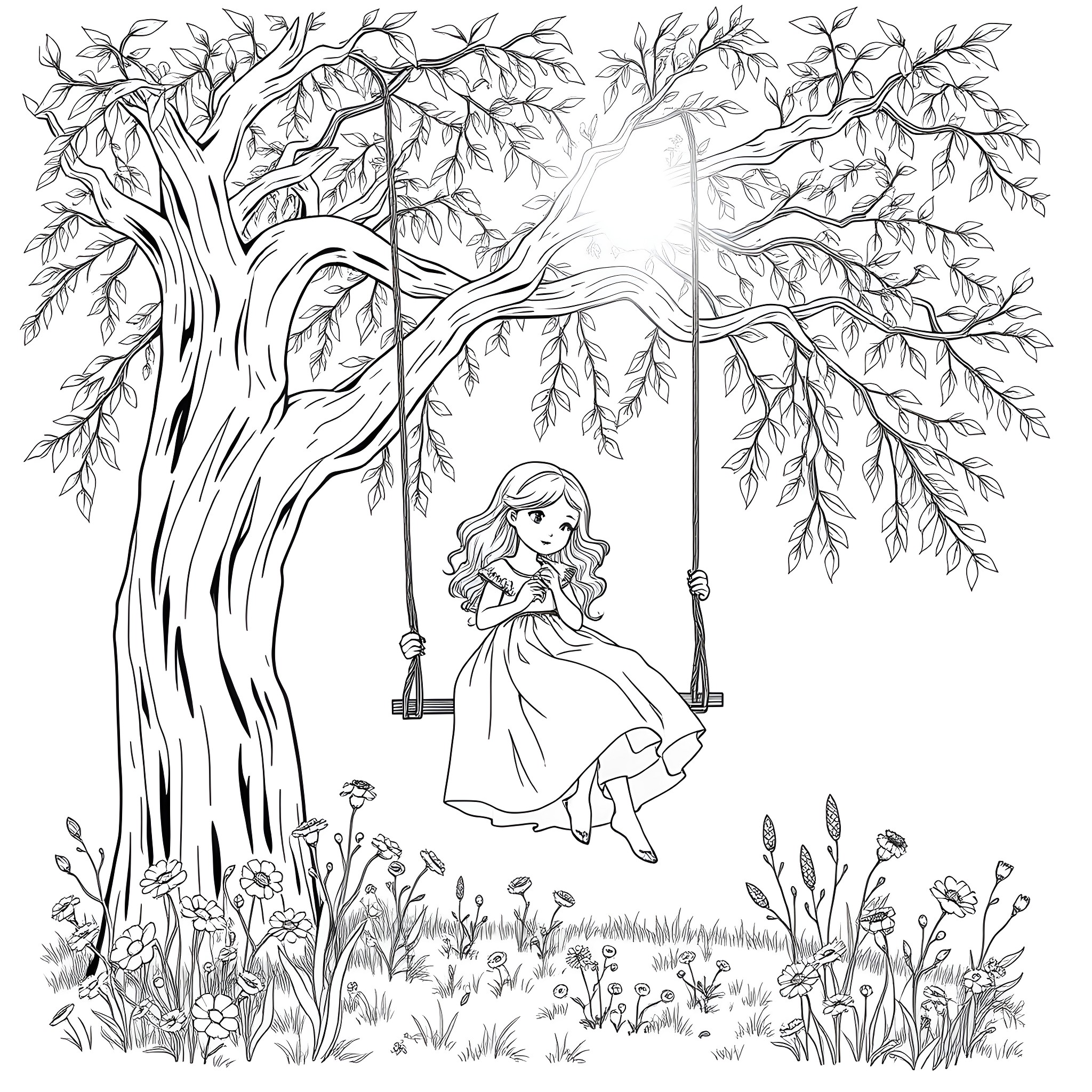 Girl swinging on a tree in a whimsical forest Coloring Page (free black-and-white line drawing printable PDF for all, from beginners to advanced learners, including children, teens, adults, and seniors)