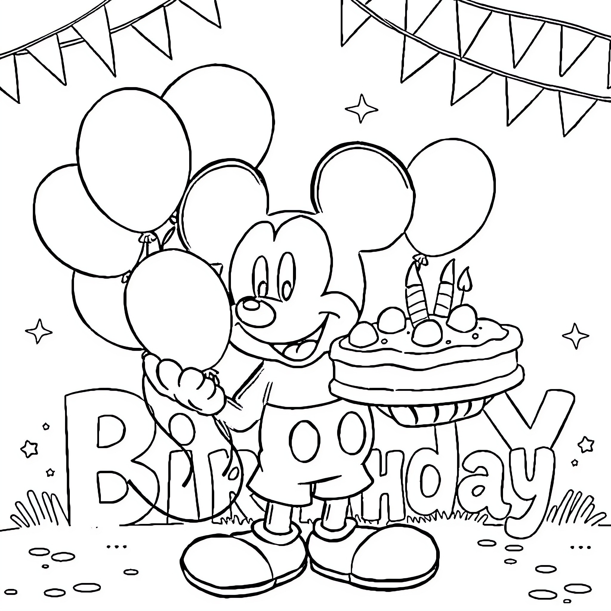 Mickey Mouse's Birthday Celebration with Balloons and Cake Coloring Page (free black-and-white line drawing printable PDF for all, from beginners to advanced learners, including children, teens, adults, and seniors)