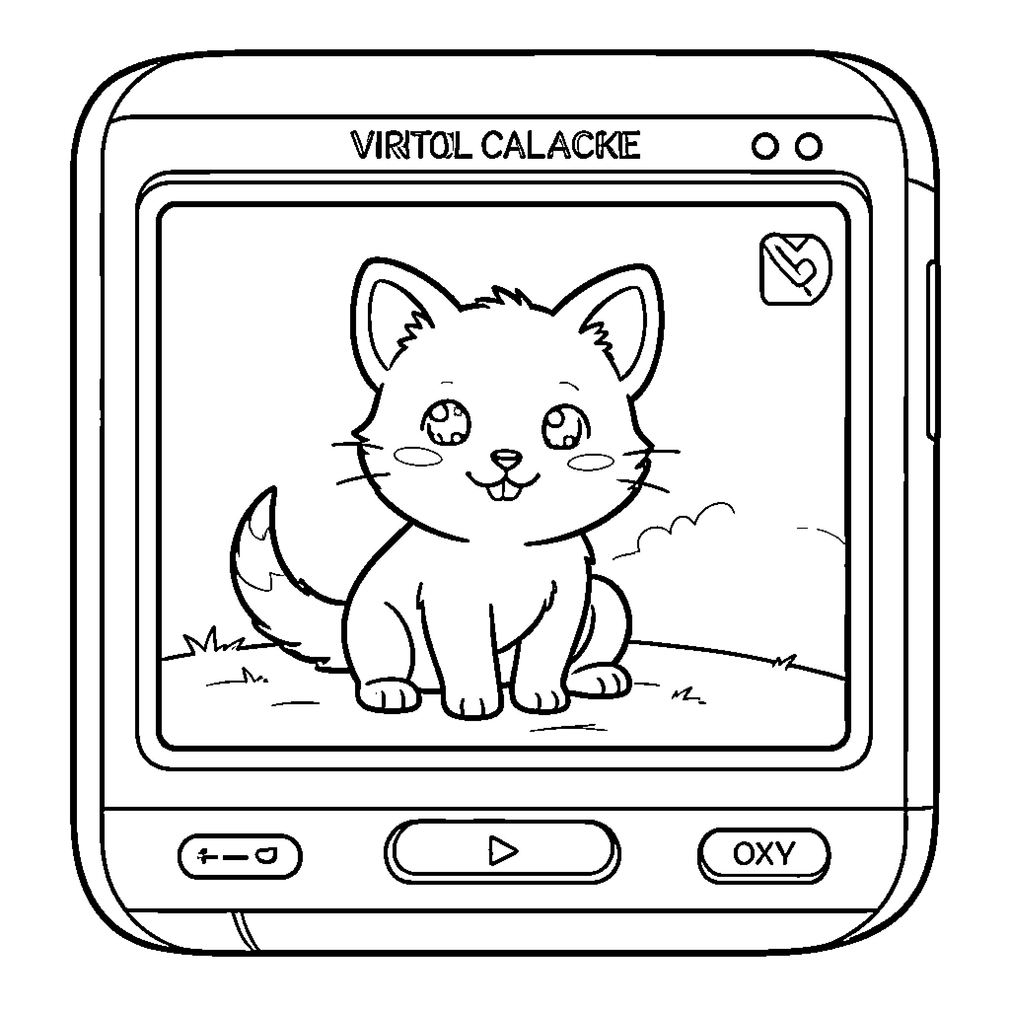 Tamagotchi displaying a happy smiling kitten on screen Coloring Page (free black-and-white line drawing printable PDF for all, from beginners to advanced learners, including children, teens, adults, and seniors)