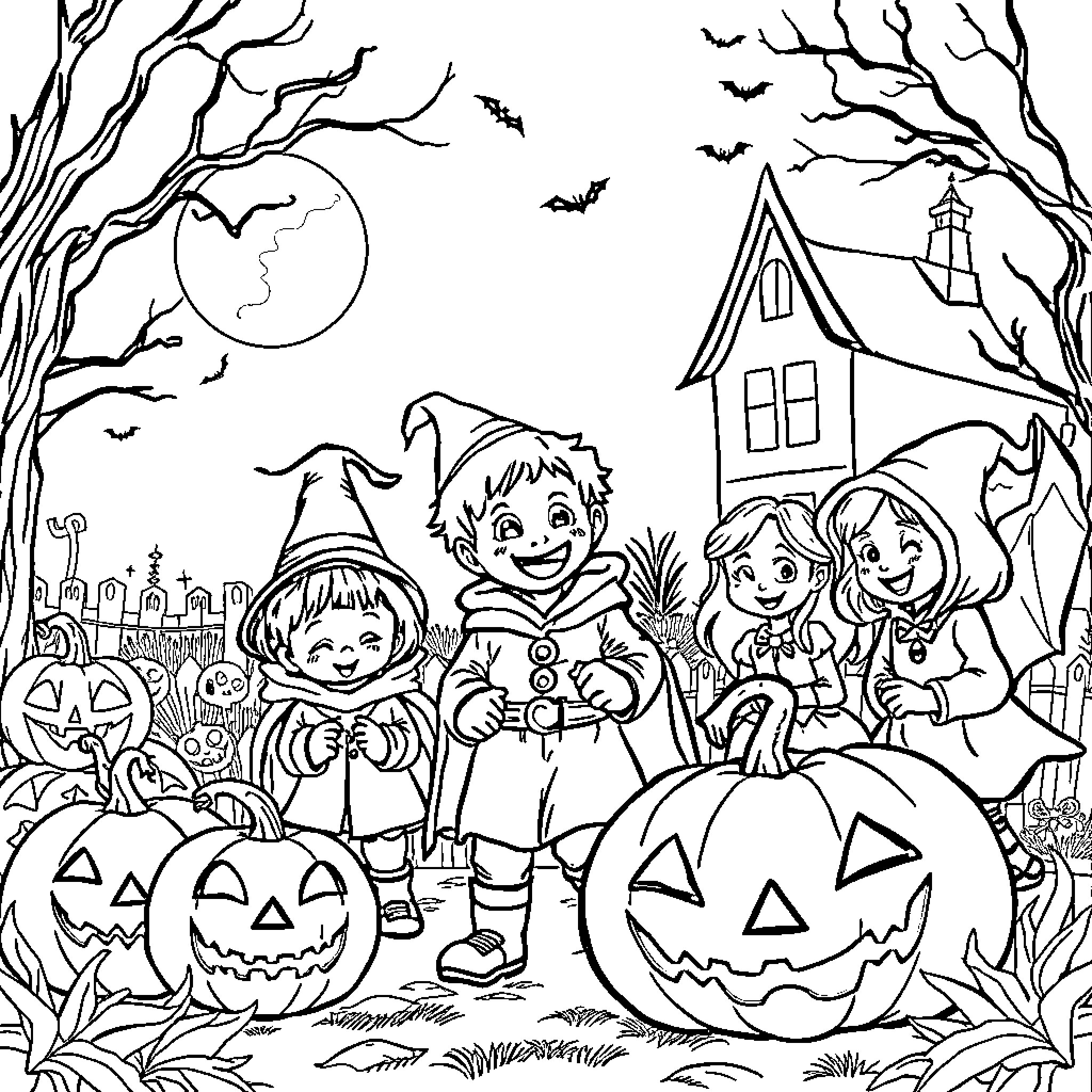Halloween Trick-or-Treaters Enjoying the Spooky Night Coloring Page (free black-and-white line drawing printable PDF for all, from beginners to advanced learners, including children, teens, adults, and seniors)