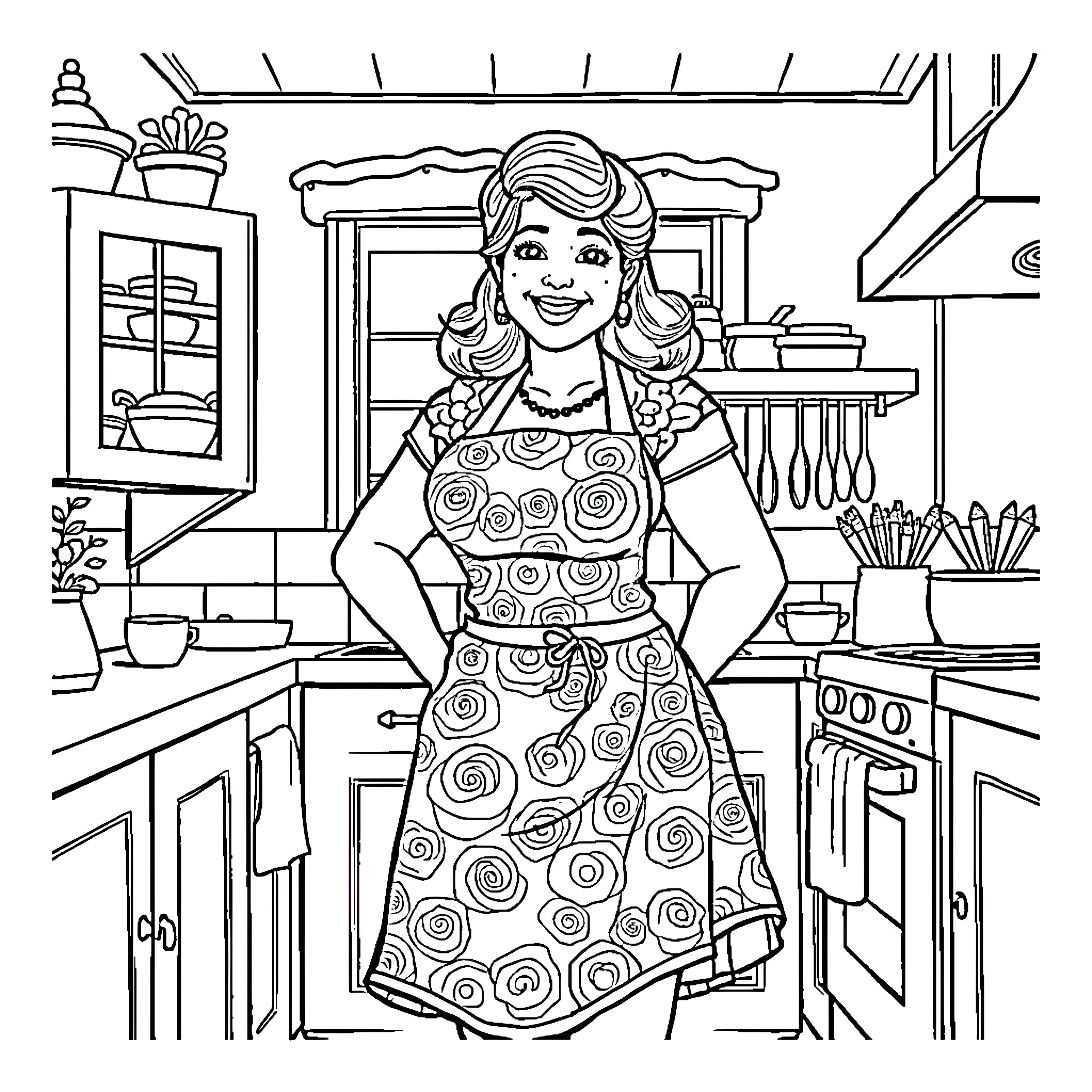 Housewife enjoying cooking in her kitchen Coloring Page (free black-and-white line drawing printable PDF for all, from beginners to advanced learners, including children, teens, adults, and seniors)
