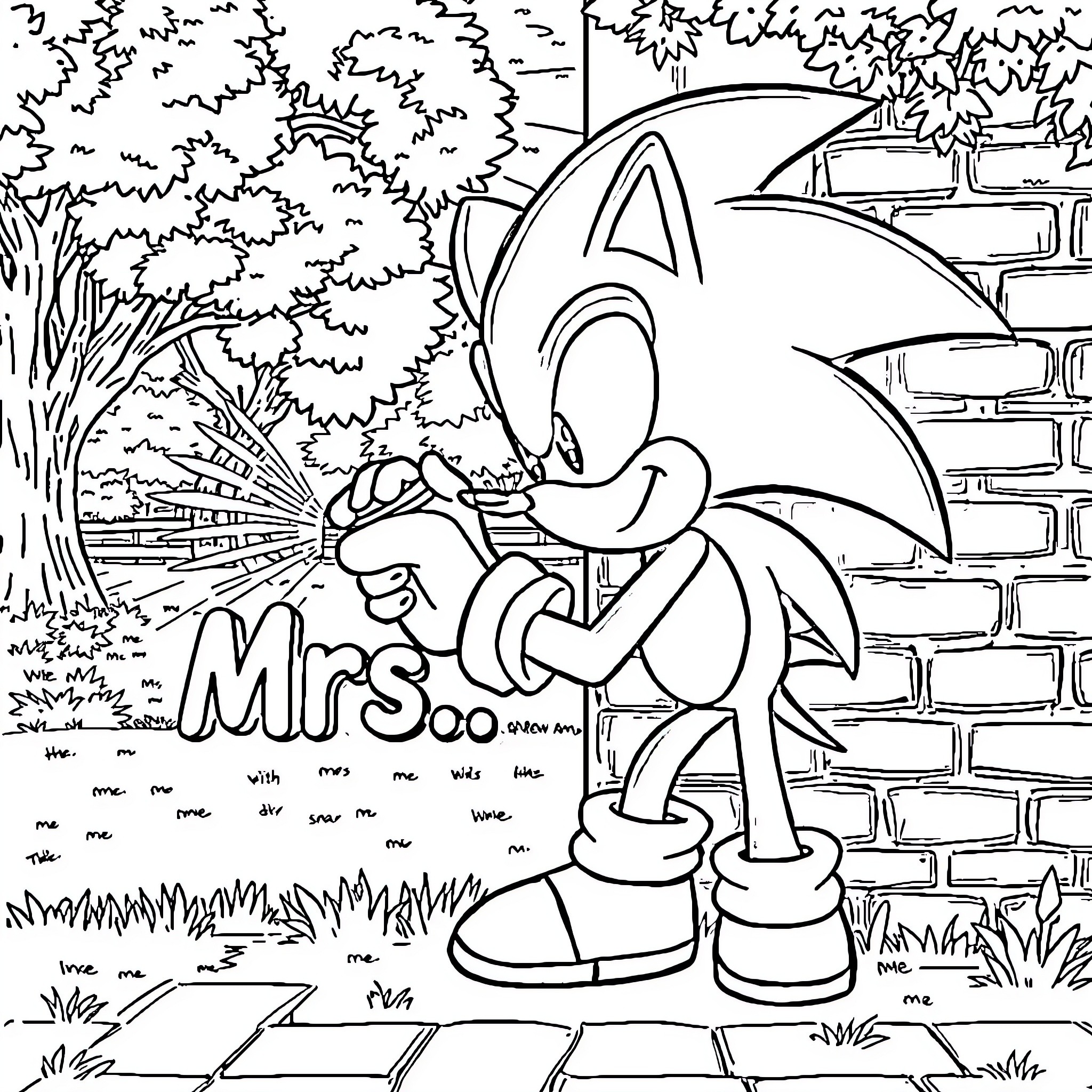 Sonic in a nature setting, holding a sign Coloring Page (free black-and-white line drawing printable PDF for all, from beginners to advanced learners, including children, teens, adults, and seniors)