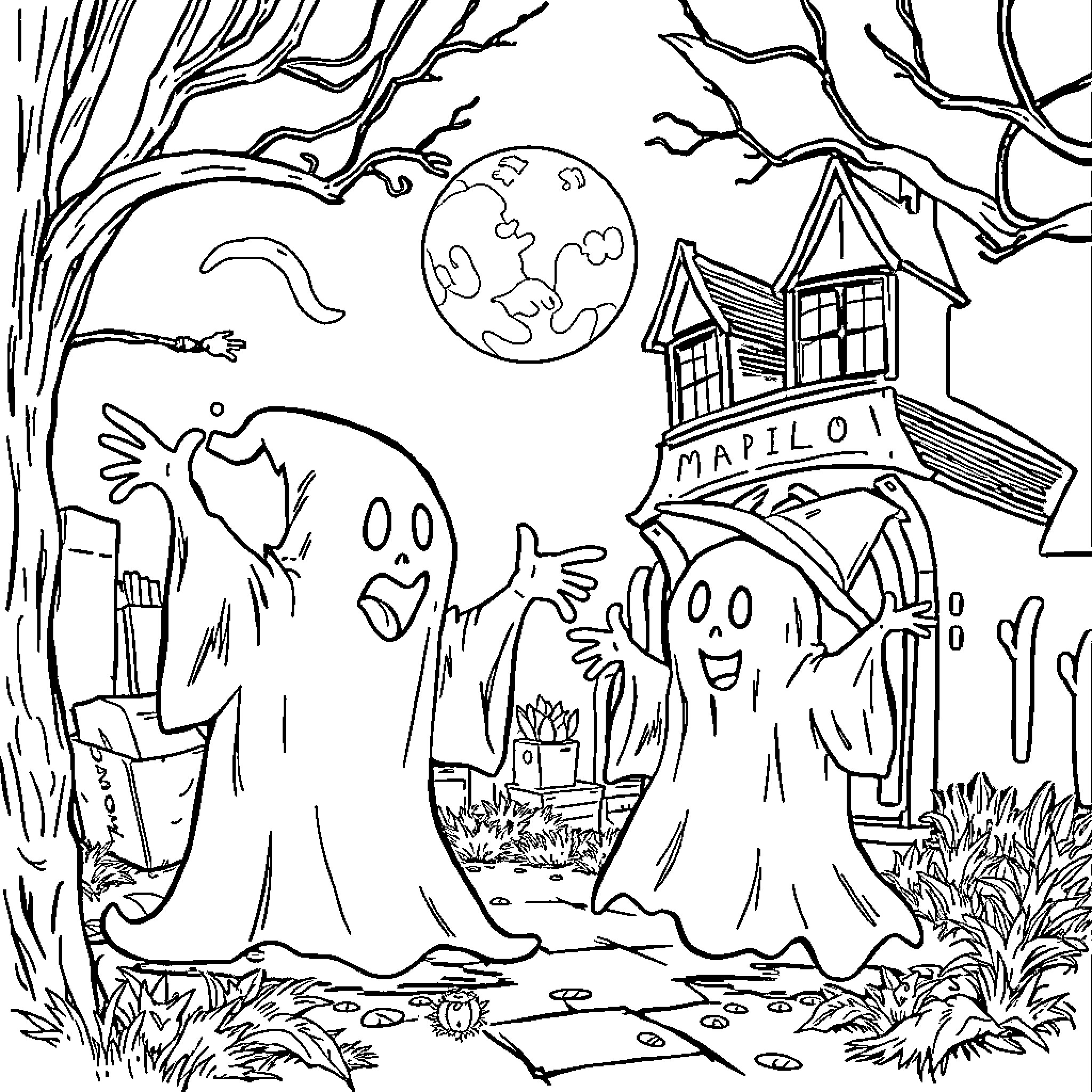 Ghost Parade through Haunted Landscape Coloring Page (free black-and-white line drawing printable PDF for all, from beginners to advanced learners, including children, teens, adults, and seniors)