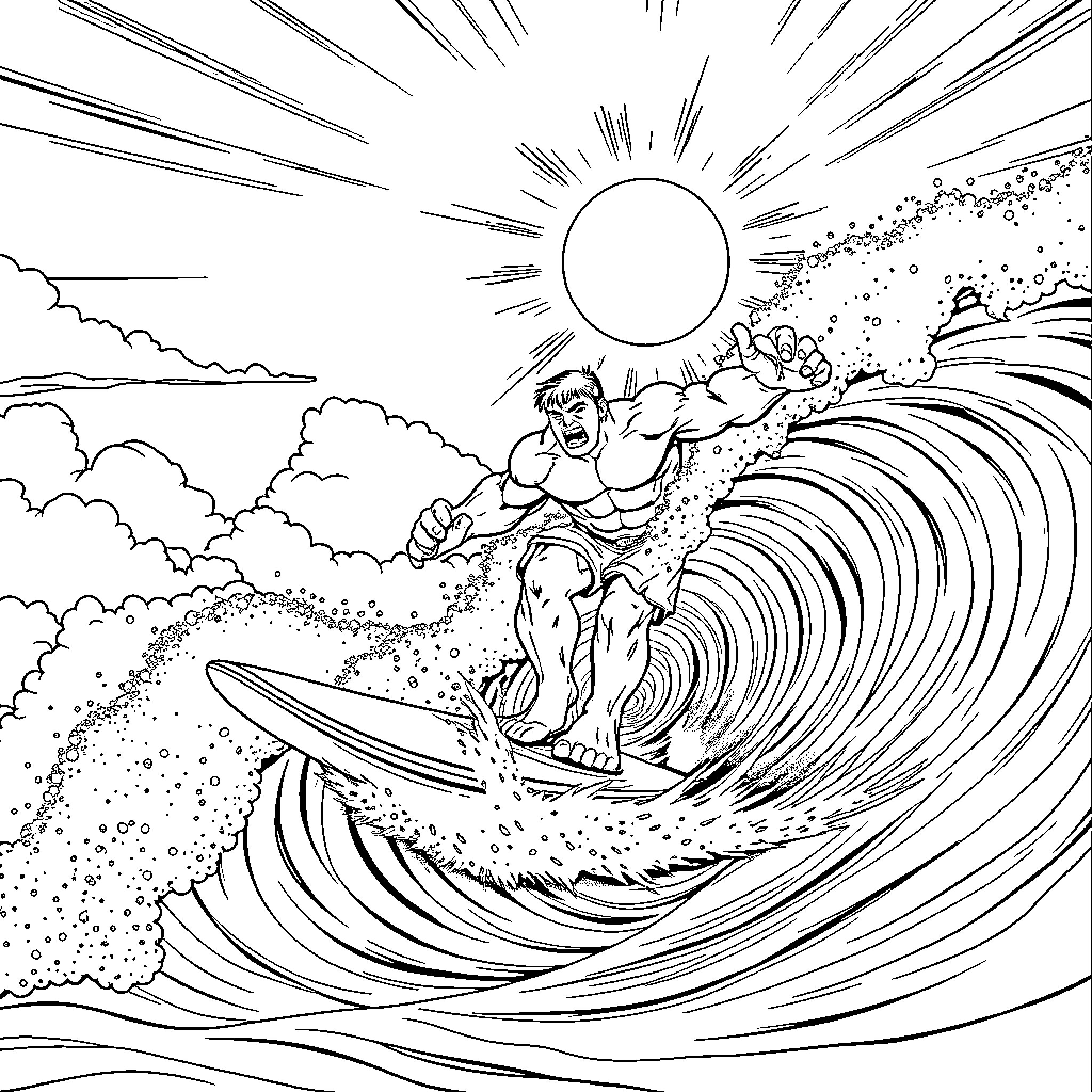 Hulk Surfing the Colossal Wave Coloring Page (free black-and-white line drawing printable PDF for all, from beginners to advanced learners, including children, teens, adults, and seniors)
