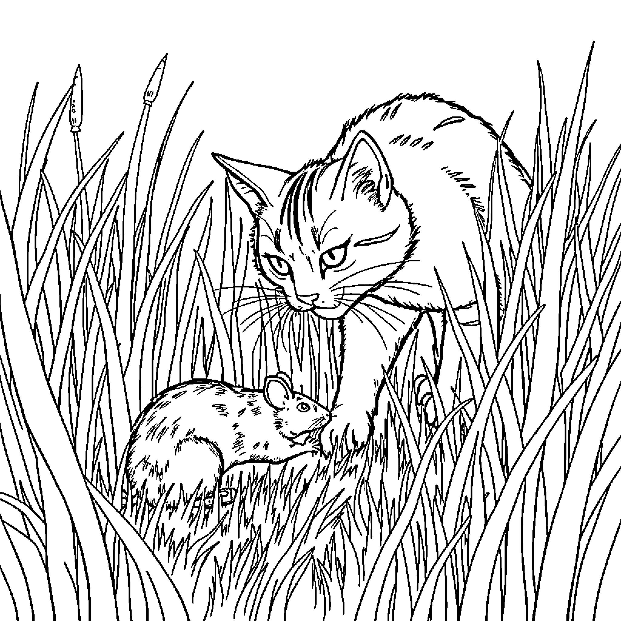 Cat Hunting Mouse in Tall Grass Coloring Page (free black-and-white line drawing printable PDF for all, from beginners to advanced learners, including children, teens, adults, and seniors)