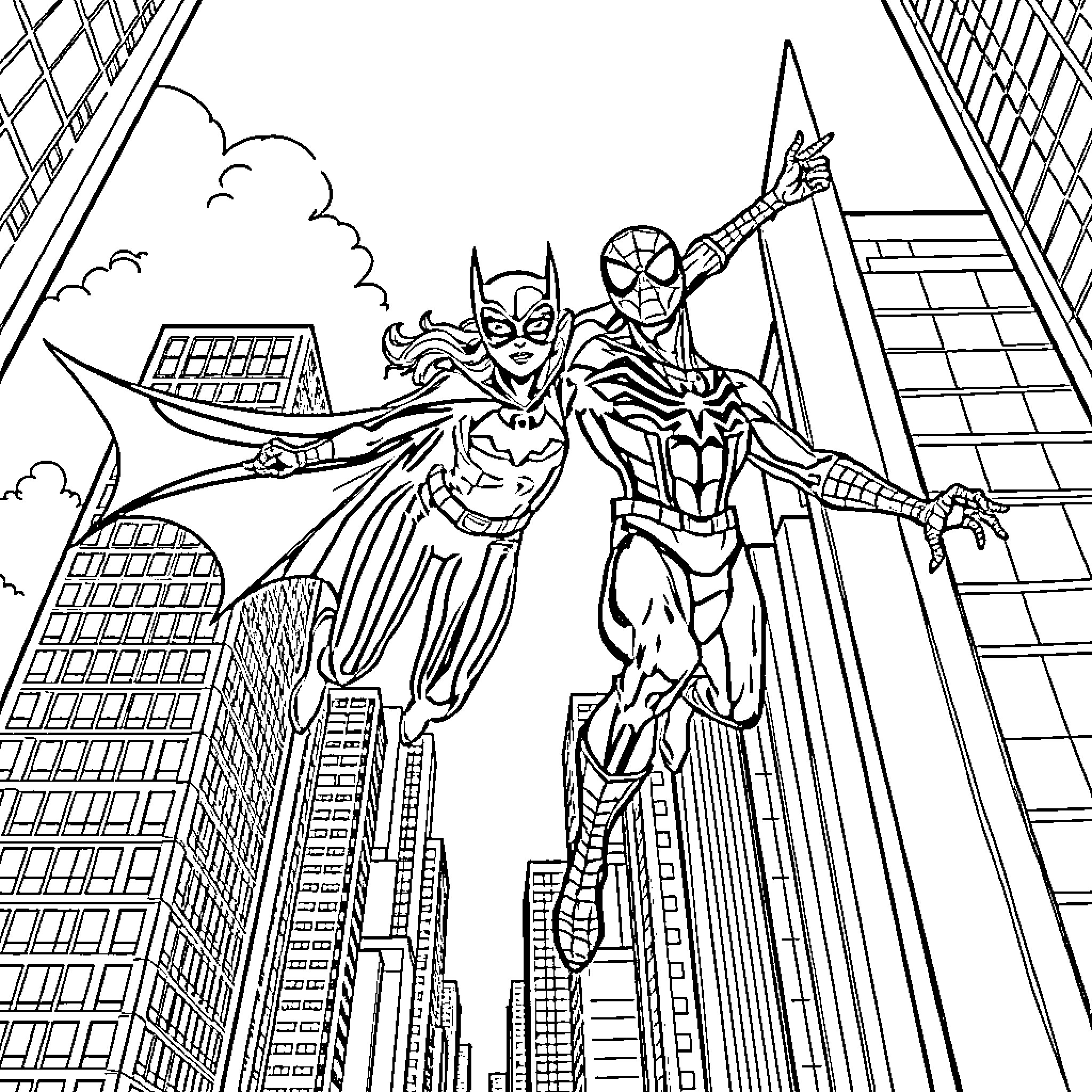 Batgirl and Spider-Man soaring over the cityscape Coloring Page (free black-and-white line drawing printable PDF for all, from beginners to advanced learners, including children, teens, adults, and seniors)