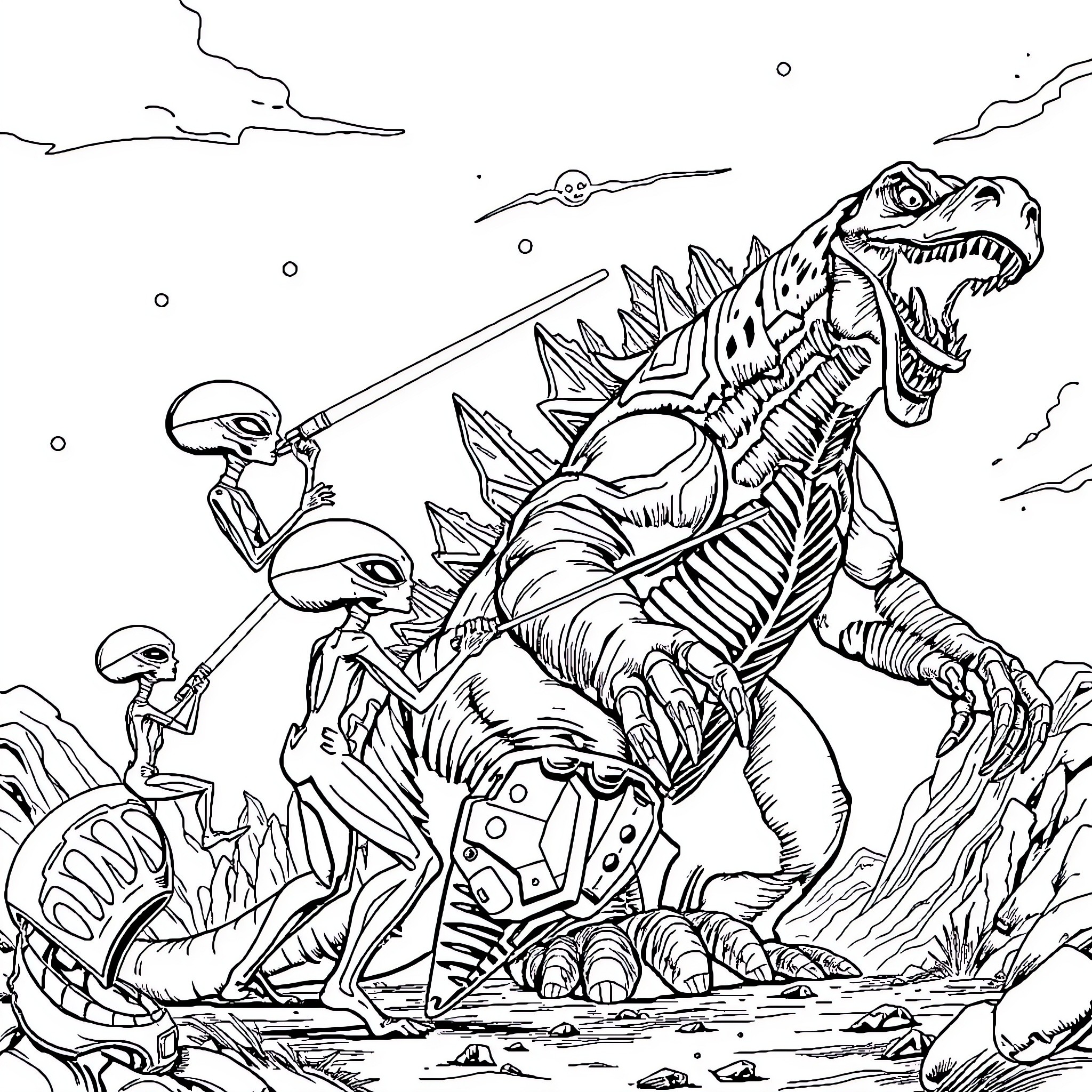 Alien Creatures Battle Amidst Alien Landscape Coloring Page (free black-and-white line drawing printable PDF for all, from beginners to advanced learners, including children, teens, adults, and seniors)