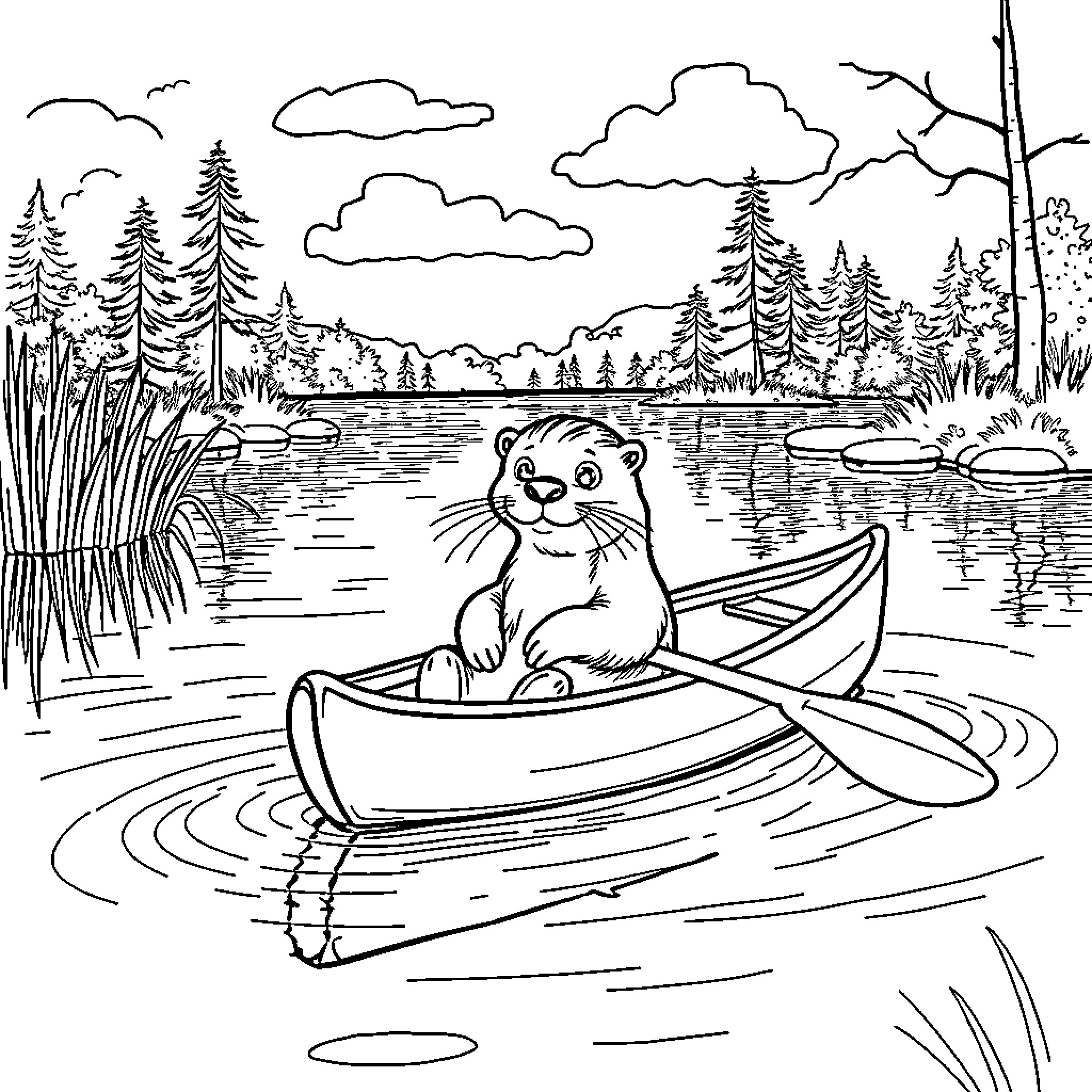 Otter happily boating in peaceful forest lake Coloring Page (free black-and-white line drawing printable PDF for all, from beginners to advanced learners, including children, teens, adults, and seniors)