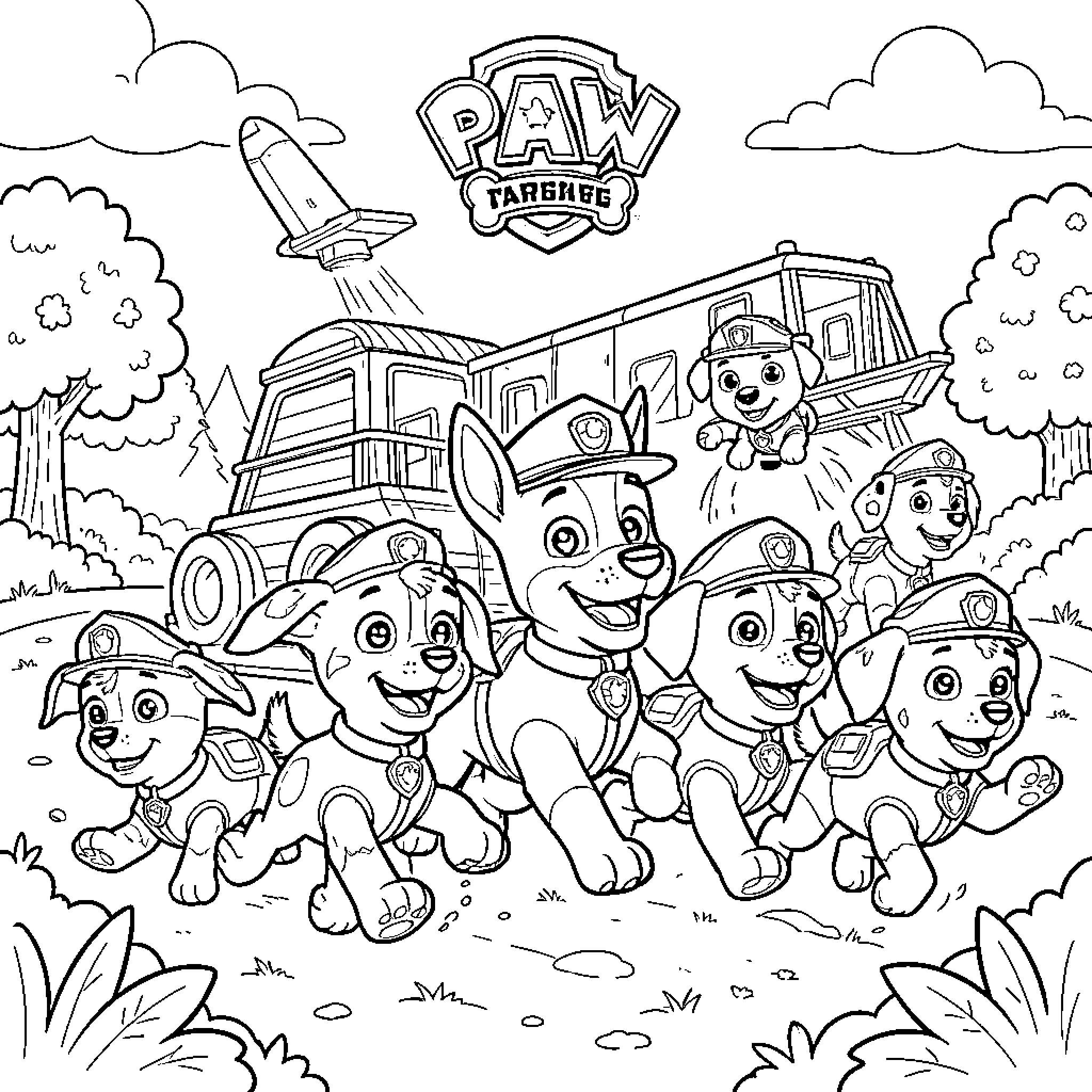 Paw Patrol on an adventure in the outdoors Coloring Page (free black-and-white line drawing printable PDF for all, from beginners to advanced learners, including children, teens, adults, and seniors)