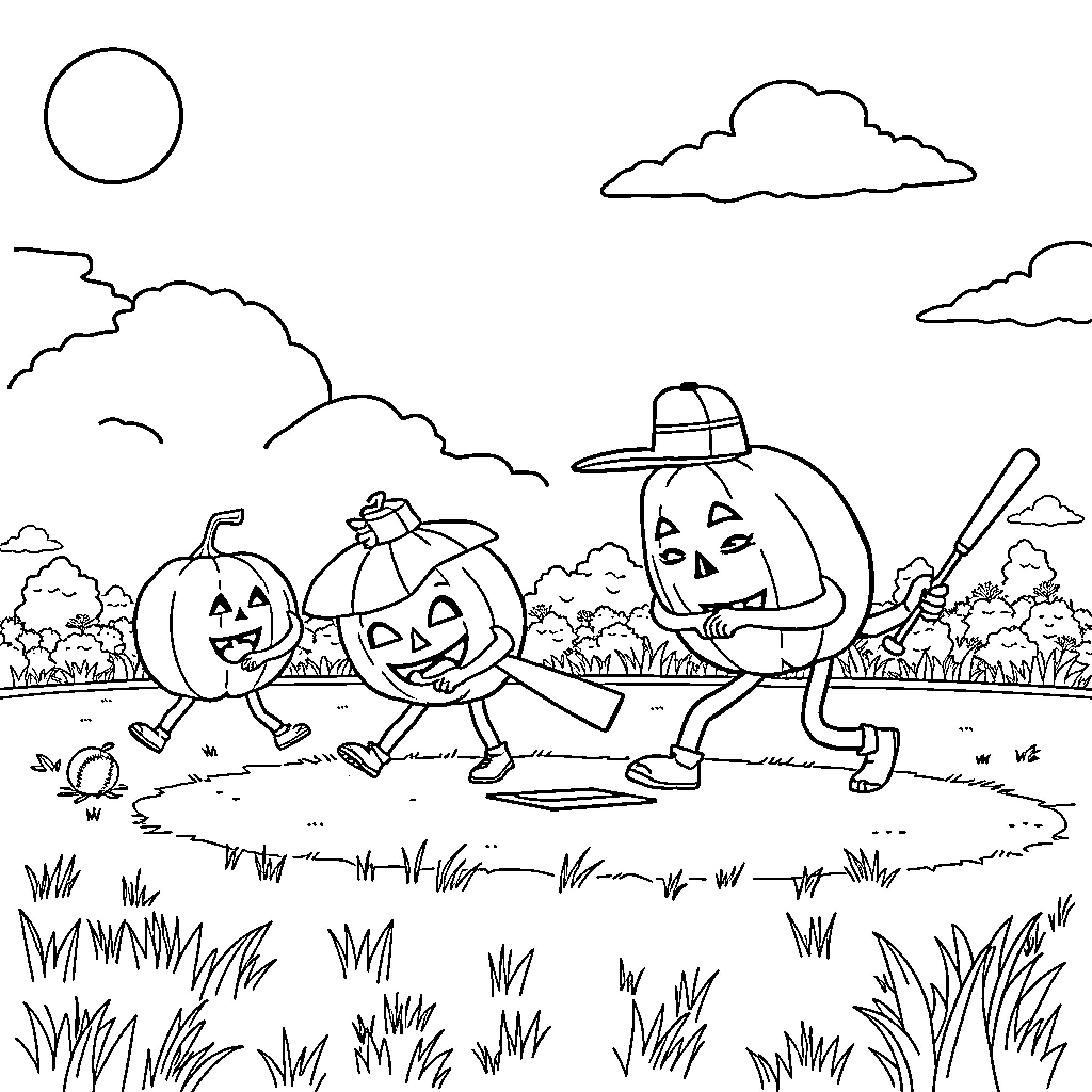 Pumpkin characters roaming in the countryside Coloring Page (free black-and-white line drawing printable PDF for all, from beginners to advanced learners, including children, teens, adults, and seniors)