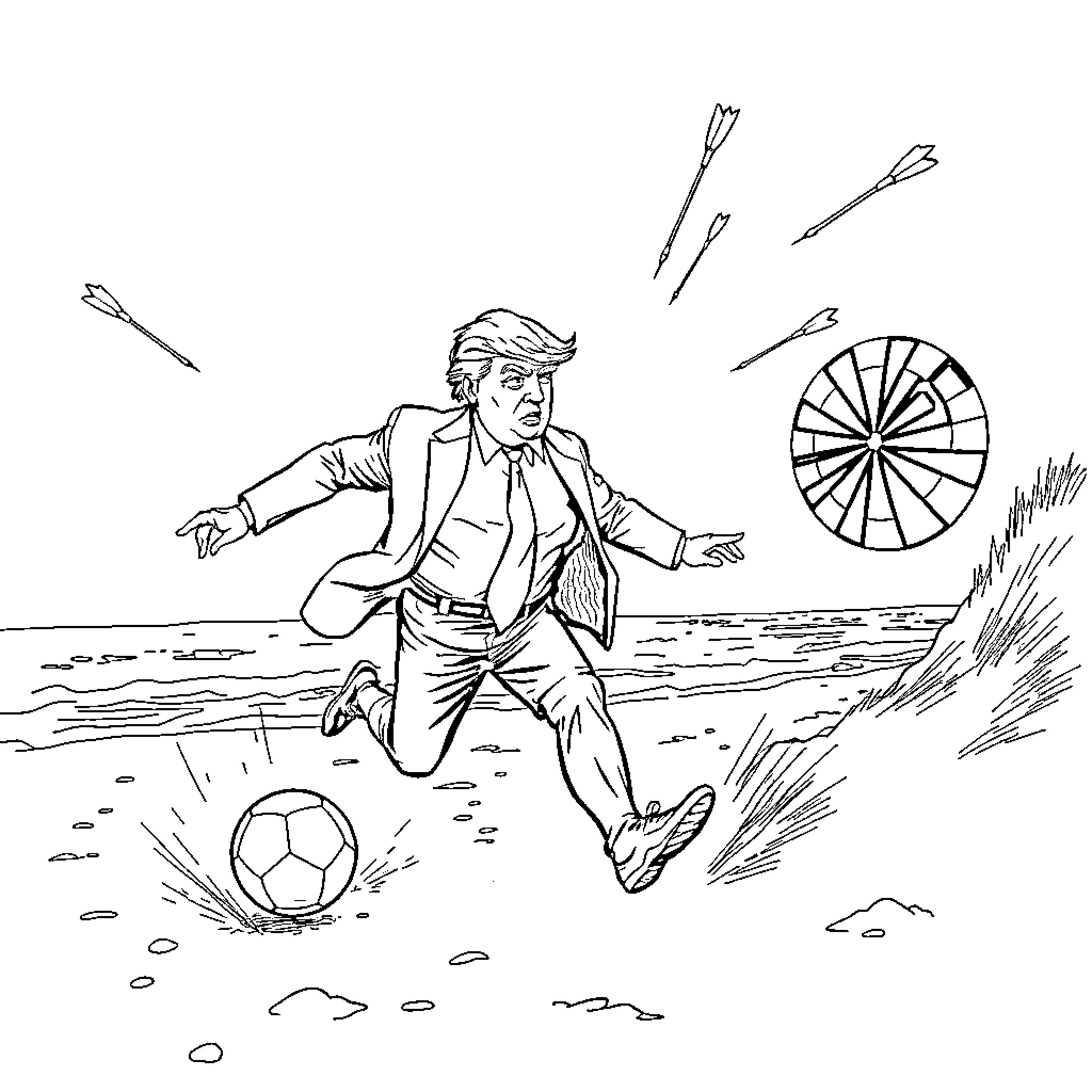 Donald Trump playing soccer amidst chaos and unpredictability Coloring Page (free black-and-white line drawing printable PDF for all, from beginners to advanced learners, including children, teens, adults, and seniors)