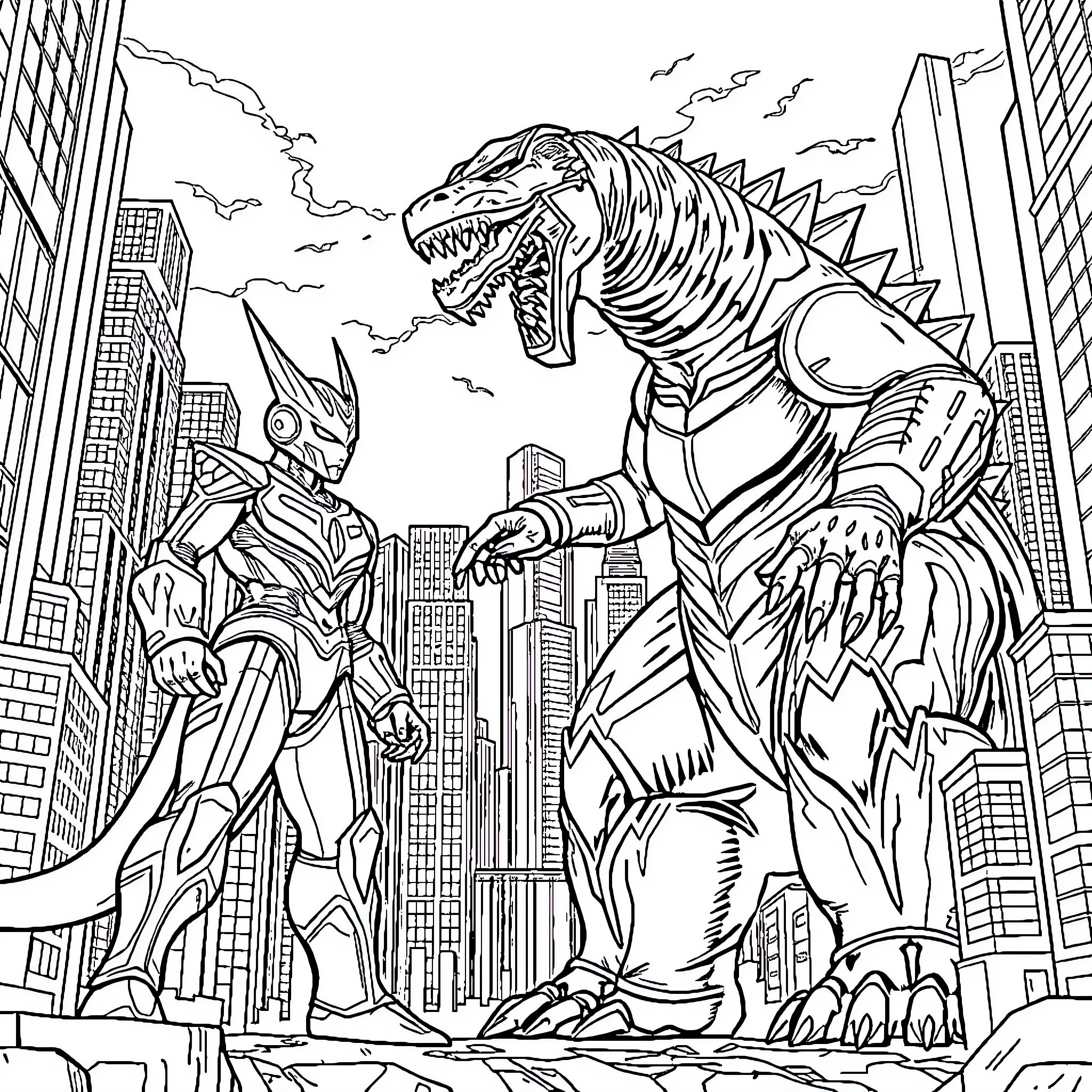 Ultramen battle a monstrous creature in the city Coloring Page (free black-and-white line drawing printable PDF for all, from beginners to advanced learners, including children, teens, adults, and seniors)