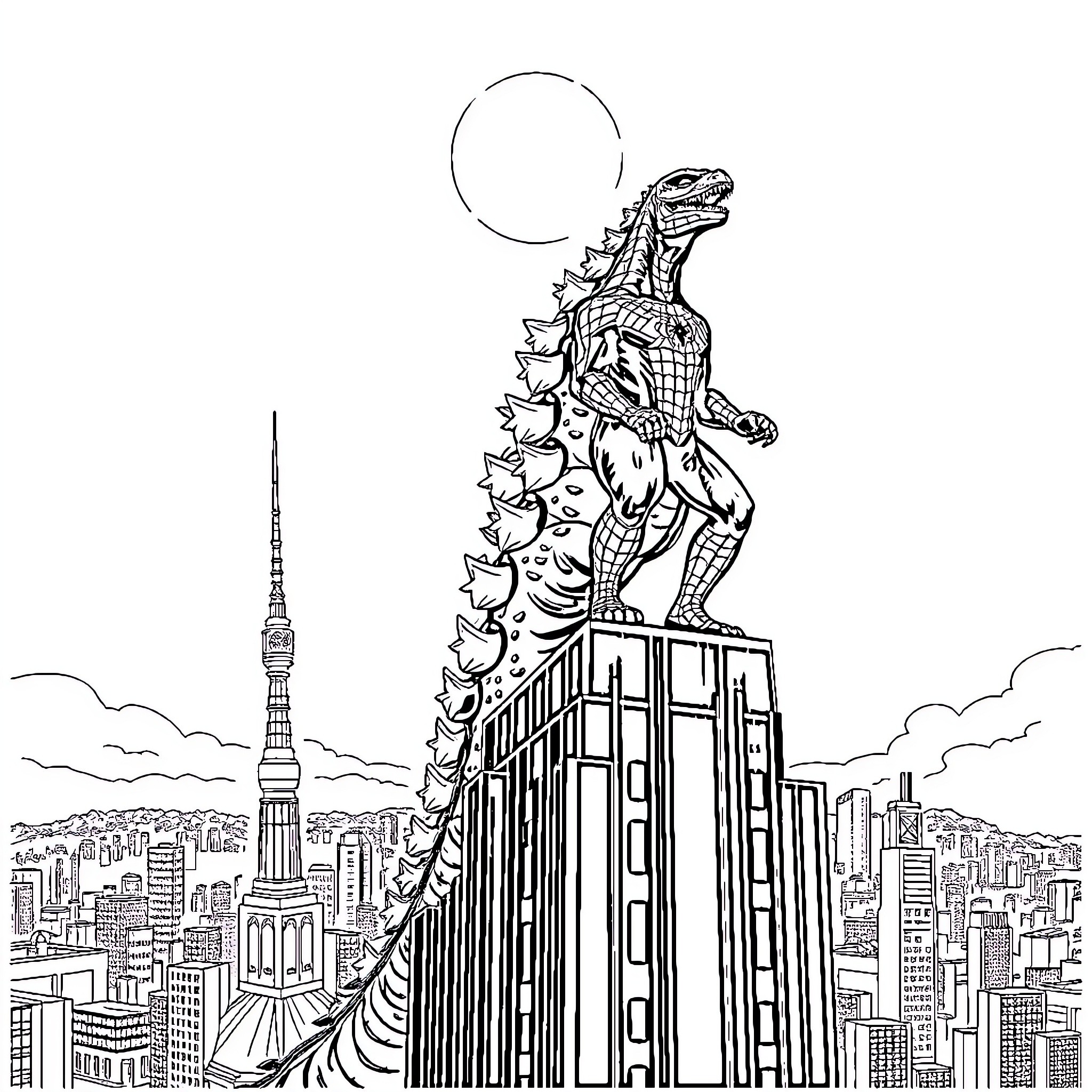 Godzilla rampaging through the city skyline Coloring Page (free black-and-white line drawing printable PDF for all, from beginners to advanced learners, including children, teens, adults, and seniors)