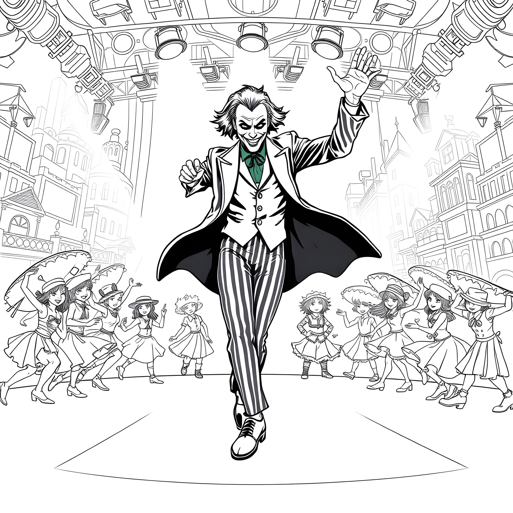 Joker's Theatrical Performance Amidst Chaos Coloring Page (free black-and-white line drawing printable PDF for all, from beginners to advanced learners, including children, teens, adults, and seniors)