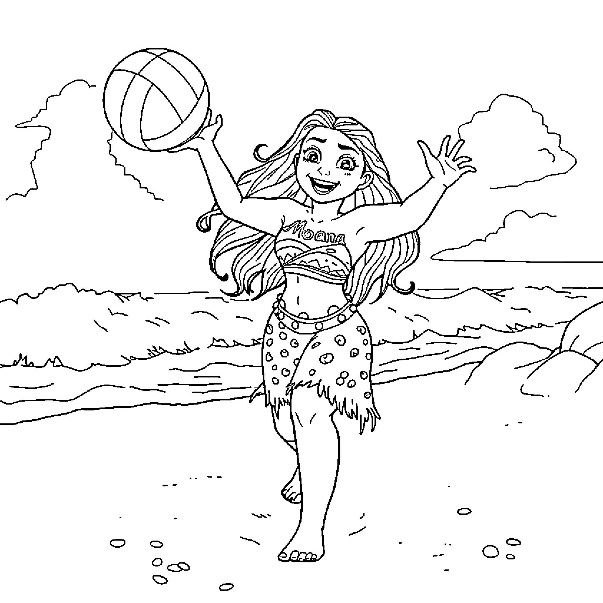 Moana joyfully playing volleyball on the beach Coloring Page (free black-and-white line drawing printable PDF for all, from beginners to advanced learners, including children, teens, adults, and seniors)