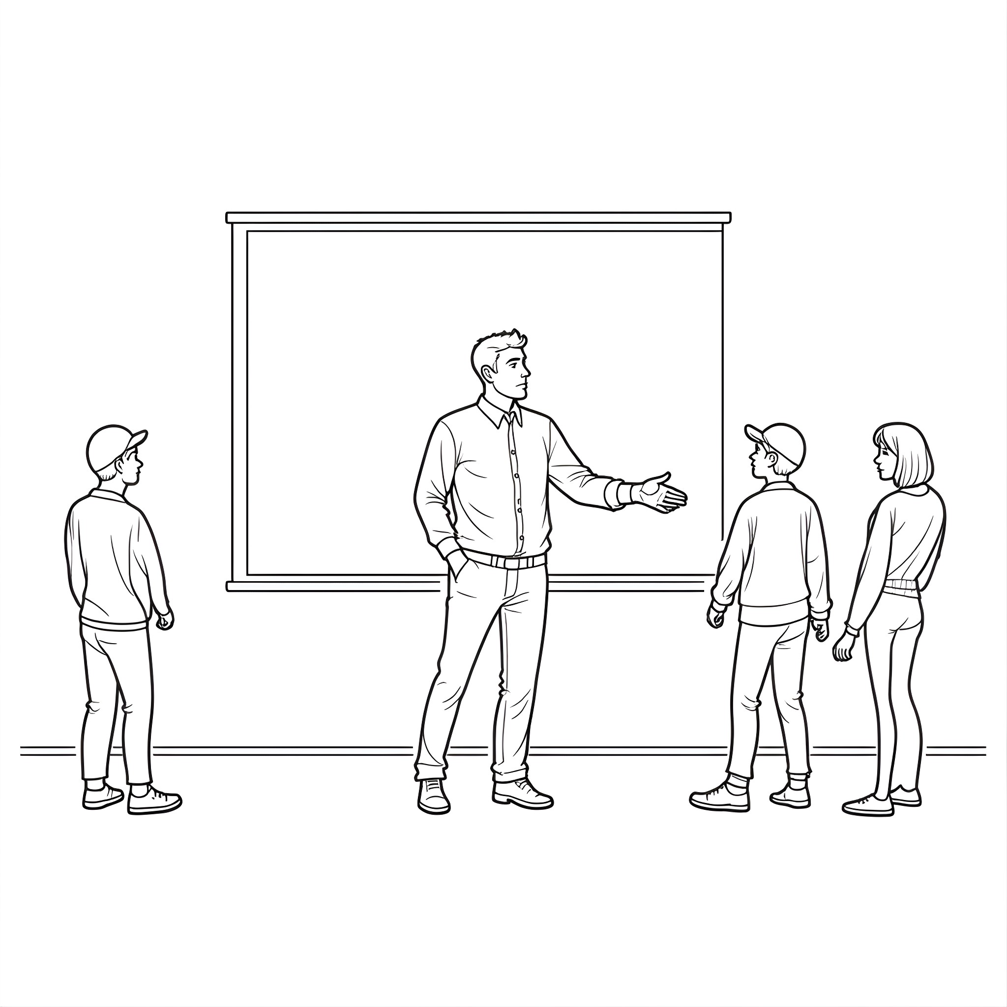 Teacher explaining a lesson to students in the classroom Coloring Page (free black-and-white line drawing printable PDF for all, from beginners to advanced learners, including children, teens, adults, and seniors)