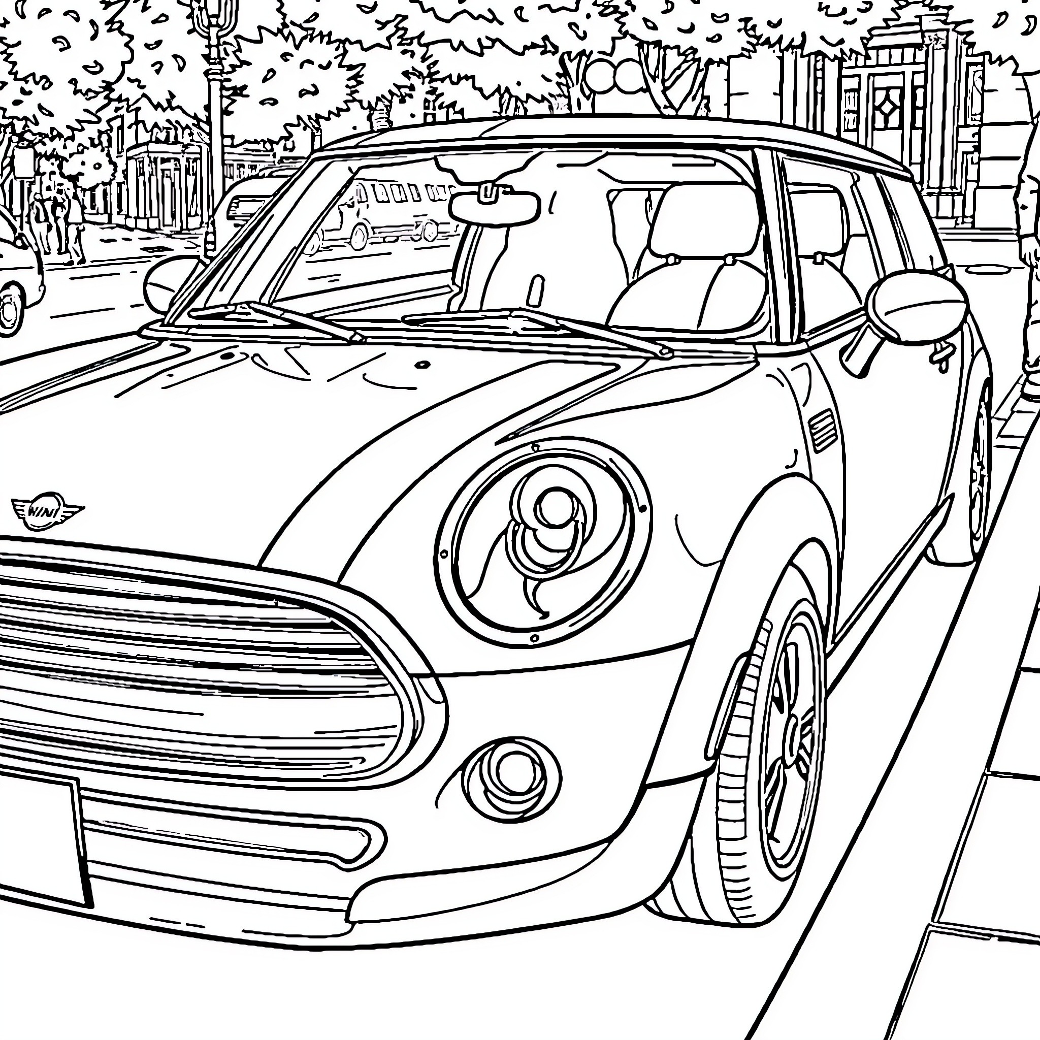 Mini Cooper parked on the city street Coloring Page (free black-and-white line drawing printable PDF for all, from beginners to advanced learners, including children, teens, adults, and seniors)