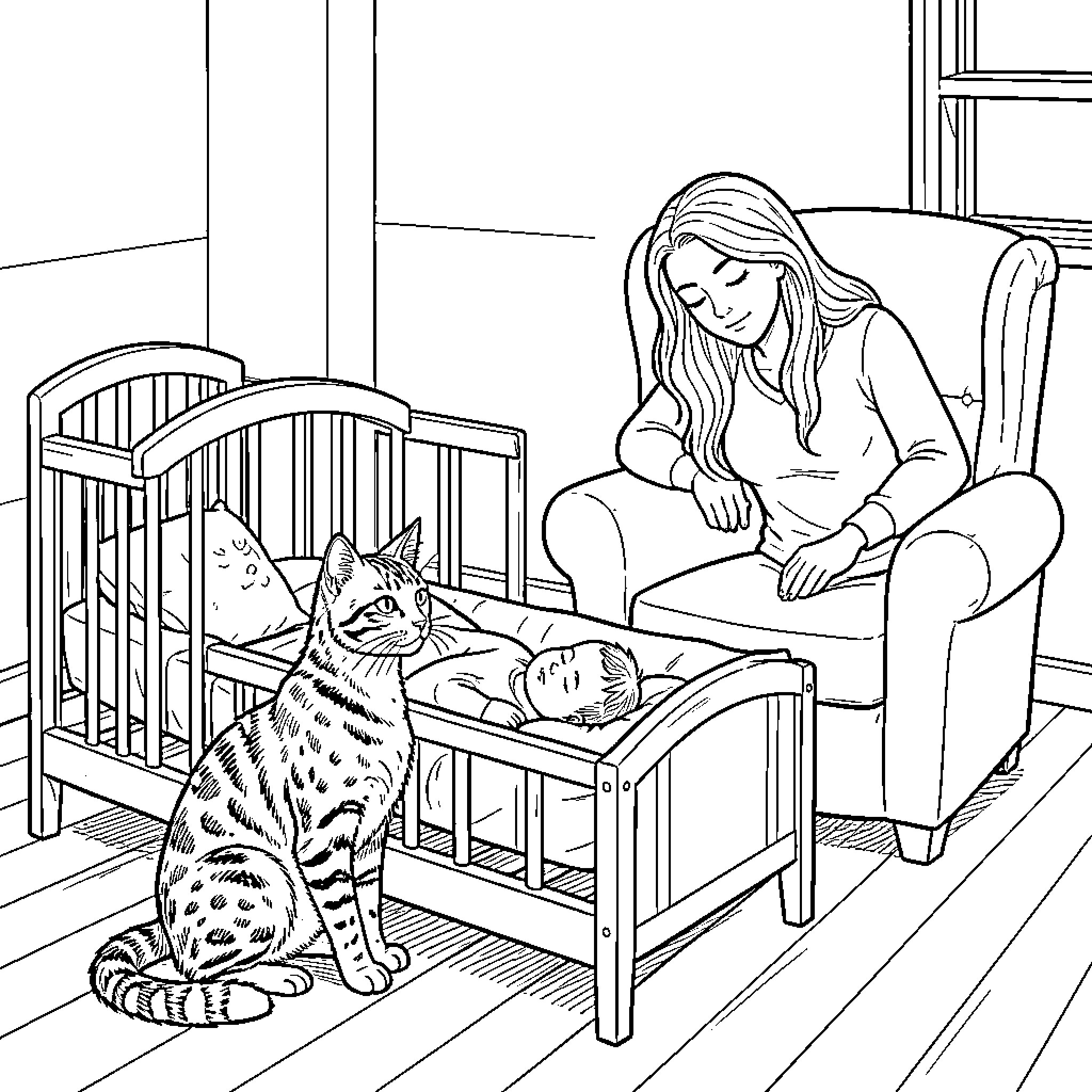 Gato's quiet moment in the nursery Coloring Page (free black-and-white line drawing printable PDF for all, from beginners to advanced learners, including children, teens, adults, and seniors)