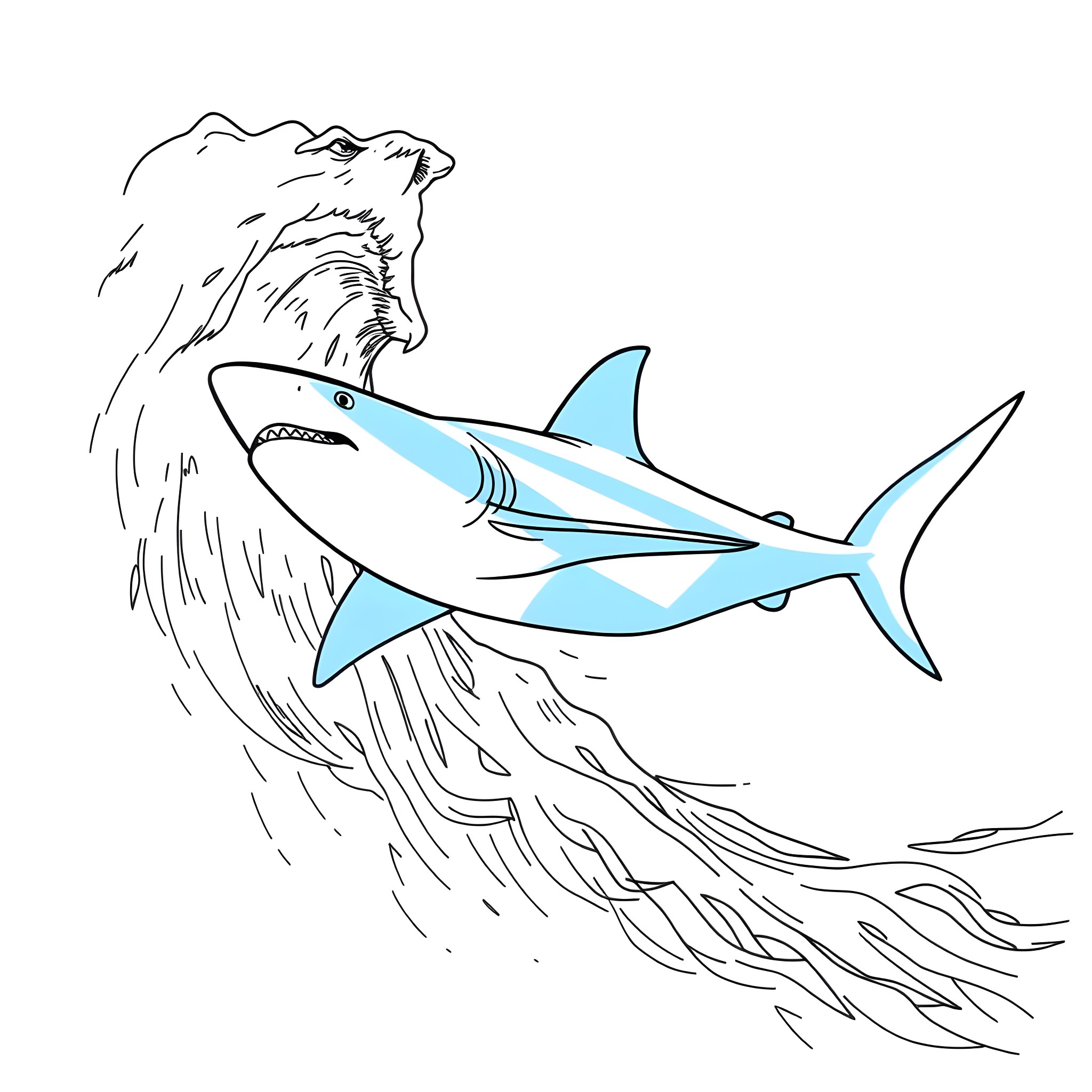 Shark emerging from crashing waves Coloring Page (free black-and-white line drawing printable PDF for all, from beginners to advanced learners, including children, teens, adults, and seniors)