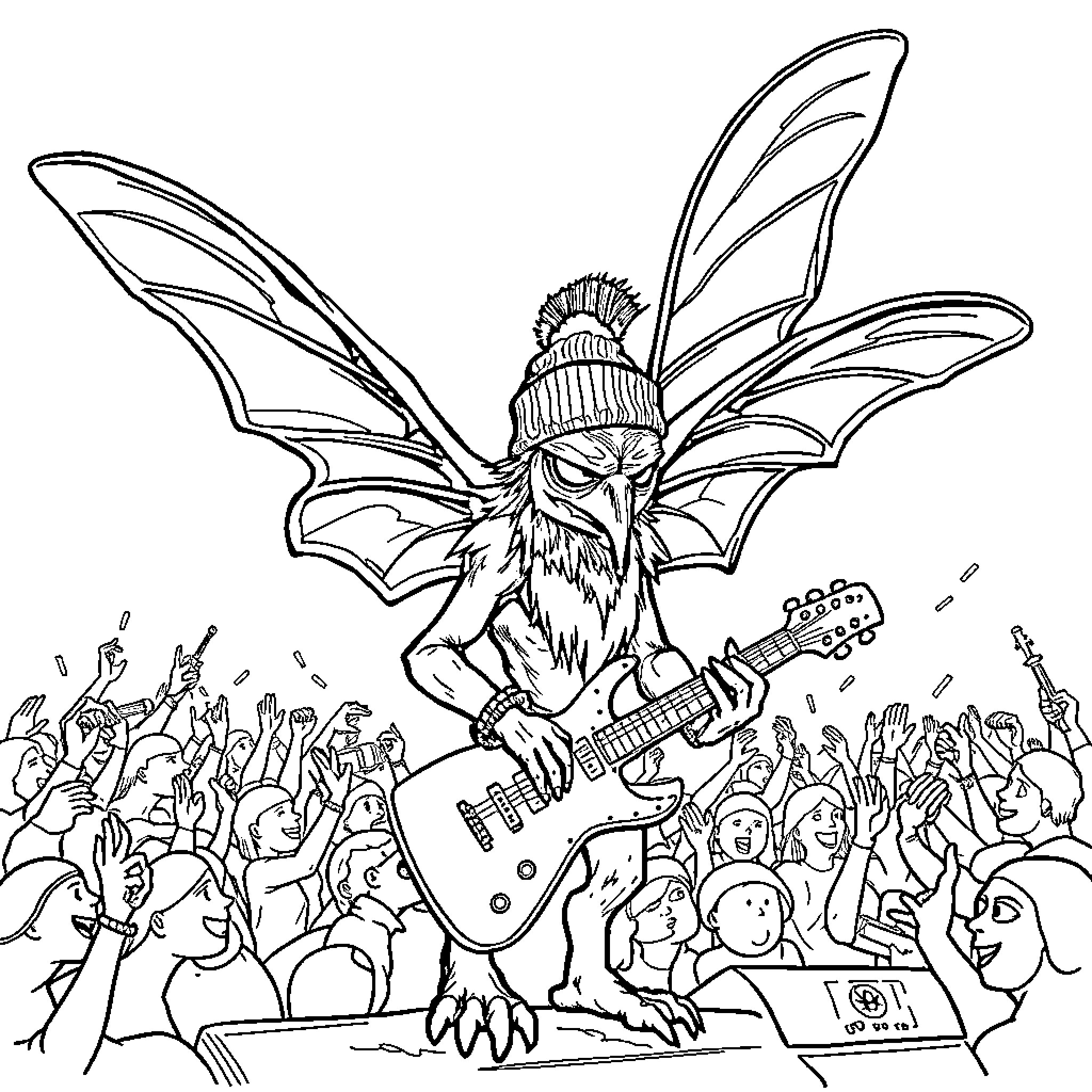 Mothman rocking out on stage with adoring fans Coloring Page (free black-and-white line drawing printable PDF for all, from beginners to advanced learners, including children, teens, adults, and seniors)