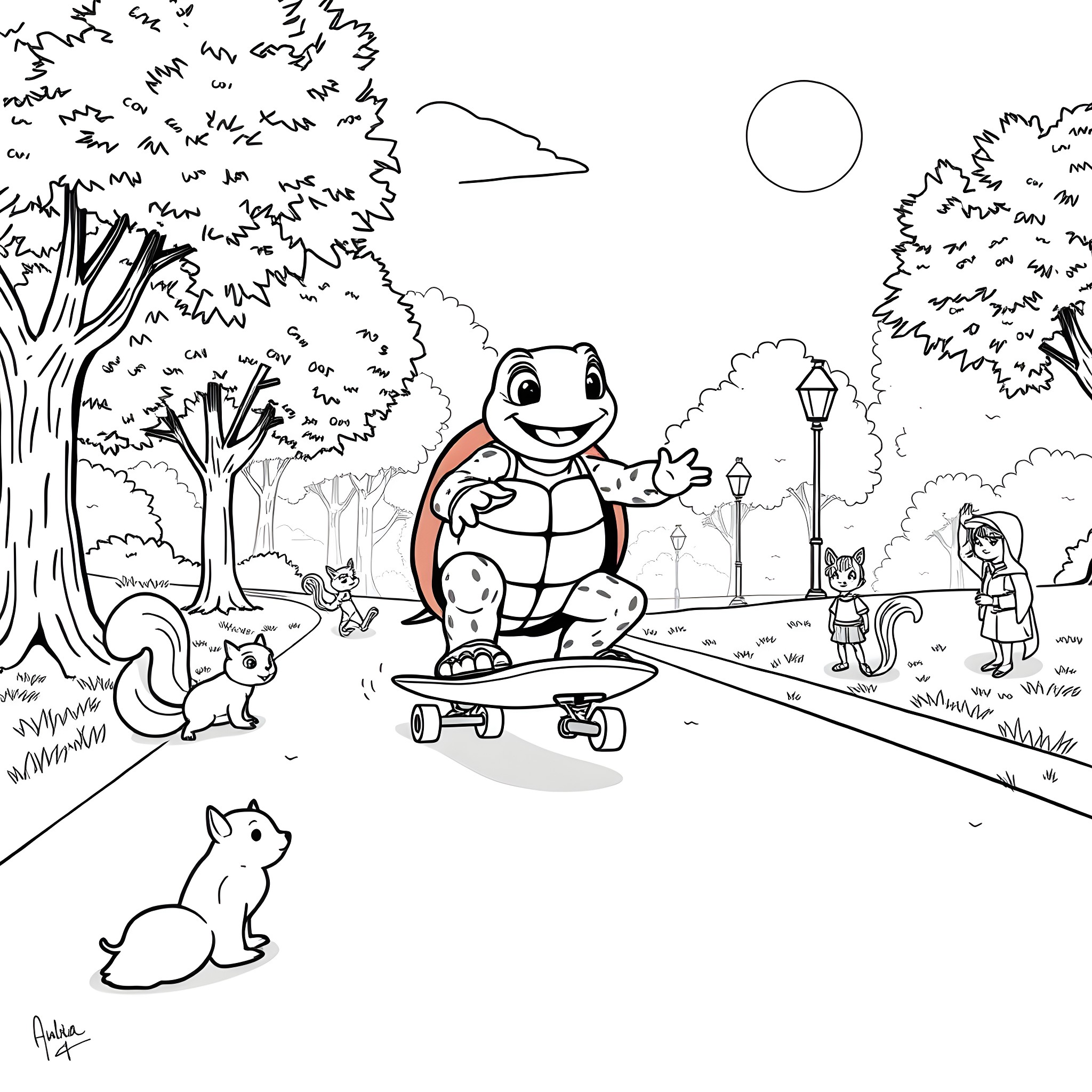 Turtle happily skateboarding with woodland friends Coloring Page (free black-and-white line drawing printable PDF for all, from beginners to advanced learners, including children, teens, adults, and seniors)