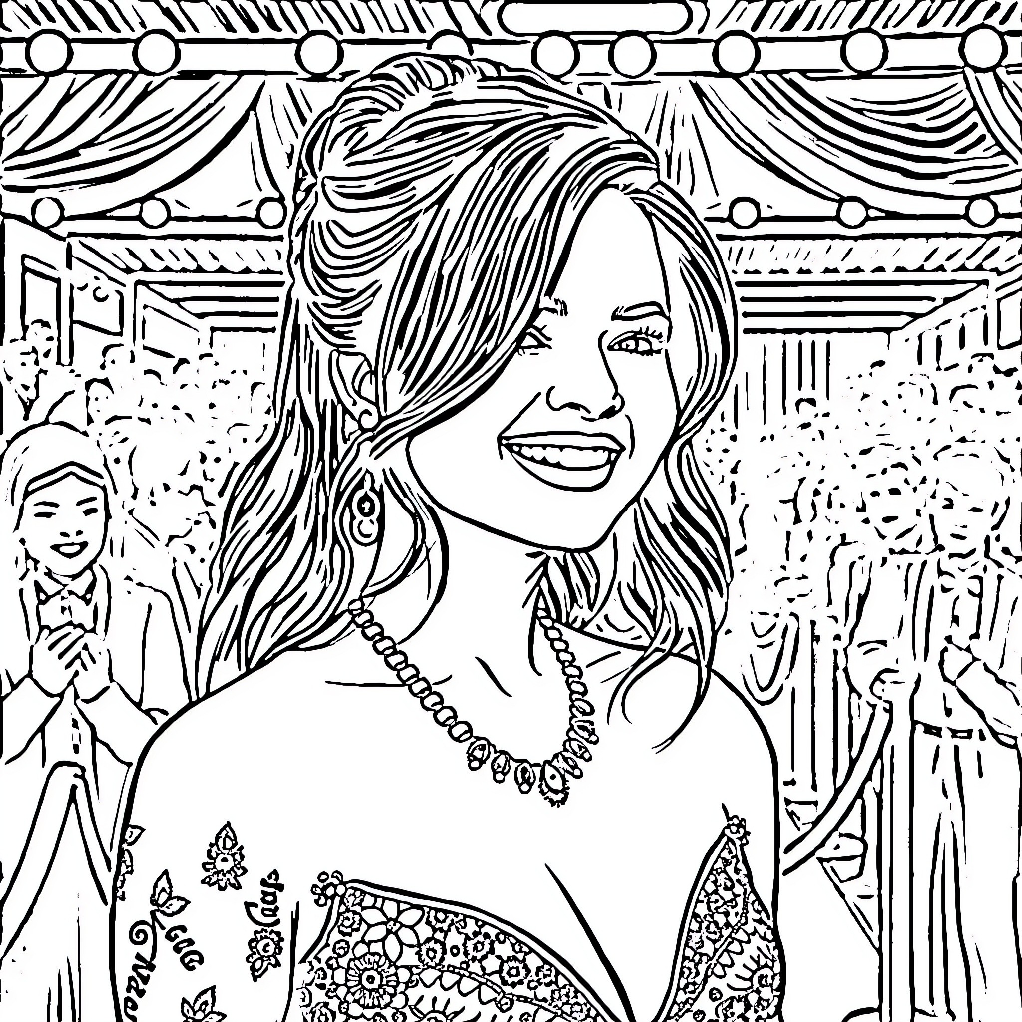 Selena Gomez's Vibrant Expression and Elegant Attire Coloring Page (free black-and-white line drawing printable PDF for all, from beginners to advanced learners, including children, teens, adults, and seniors)