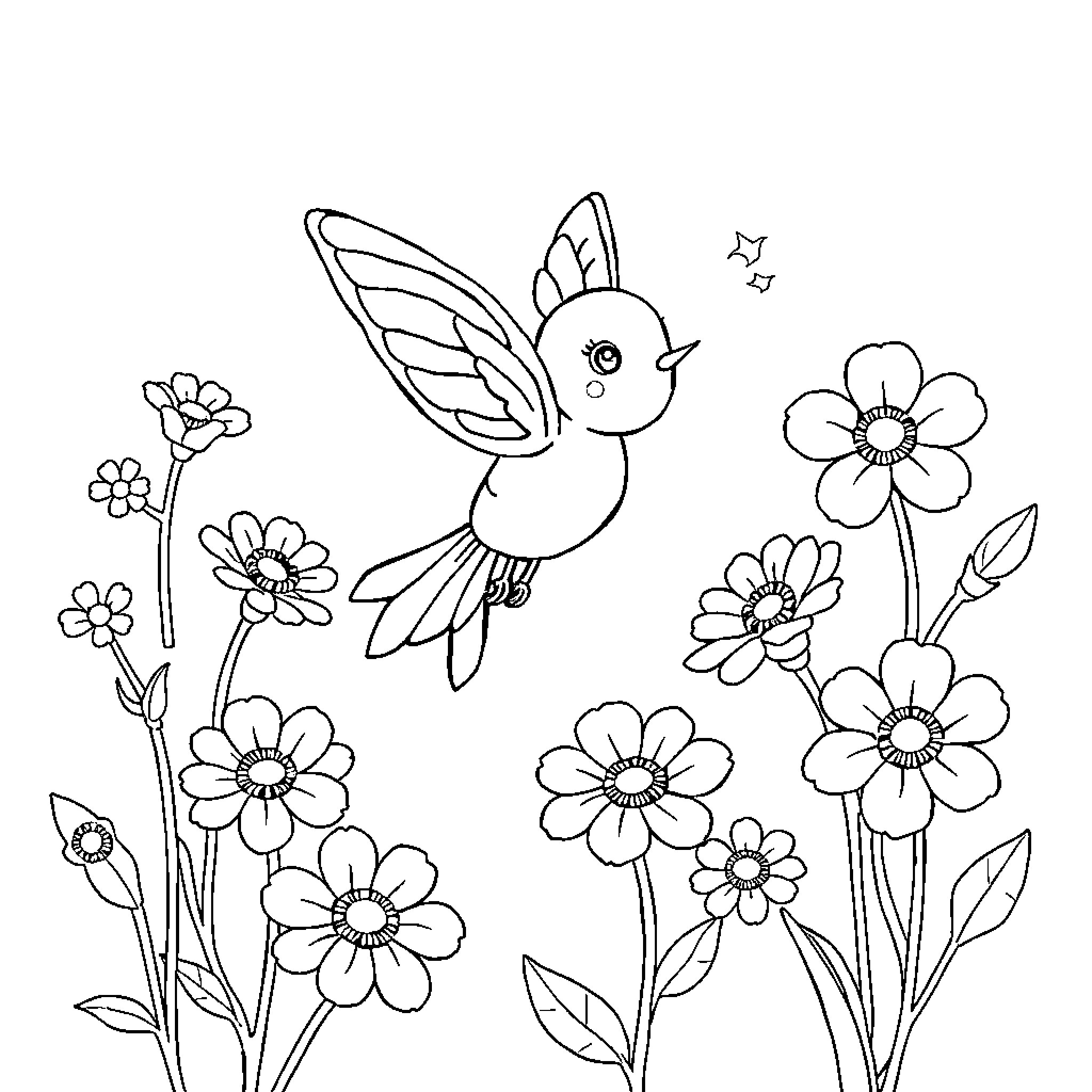 Abeja flying amidst colorful flowers Coloring Page (free black-and-white line drawing printable PDF for all, from beginners to advanced learners, including children, teens, adults, and seniors)