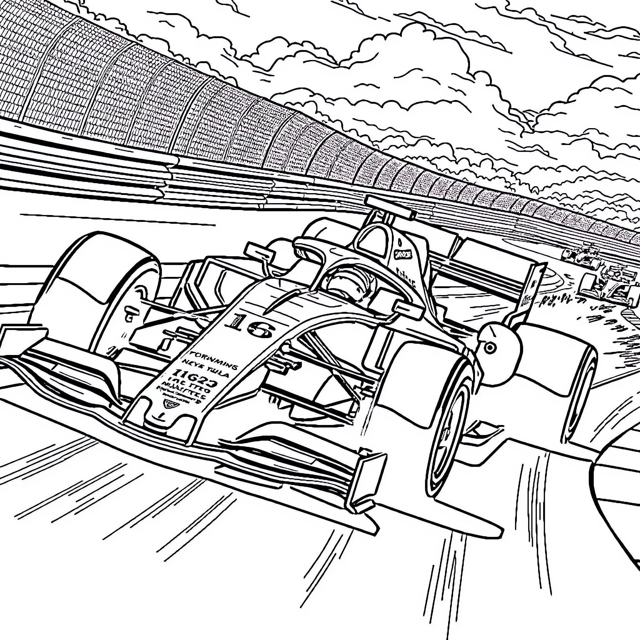Formula 1 Car Racing at High Speed on the Track Coloring Page (free black-and-white line drawing printable PDF for all, from beginners to advanced learners, including children, teens, adults, and seniors)