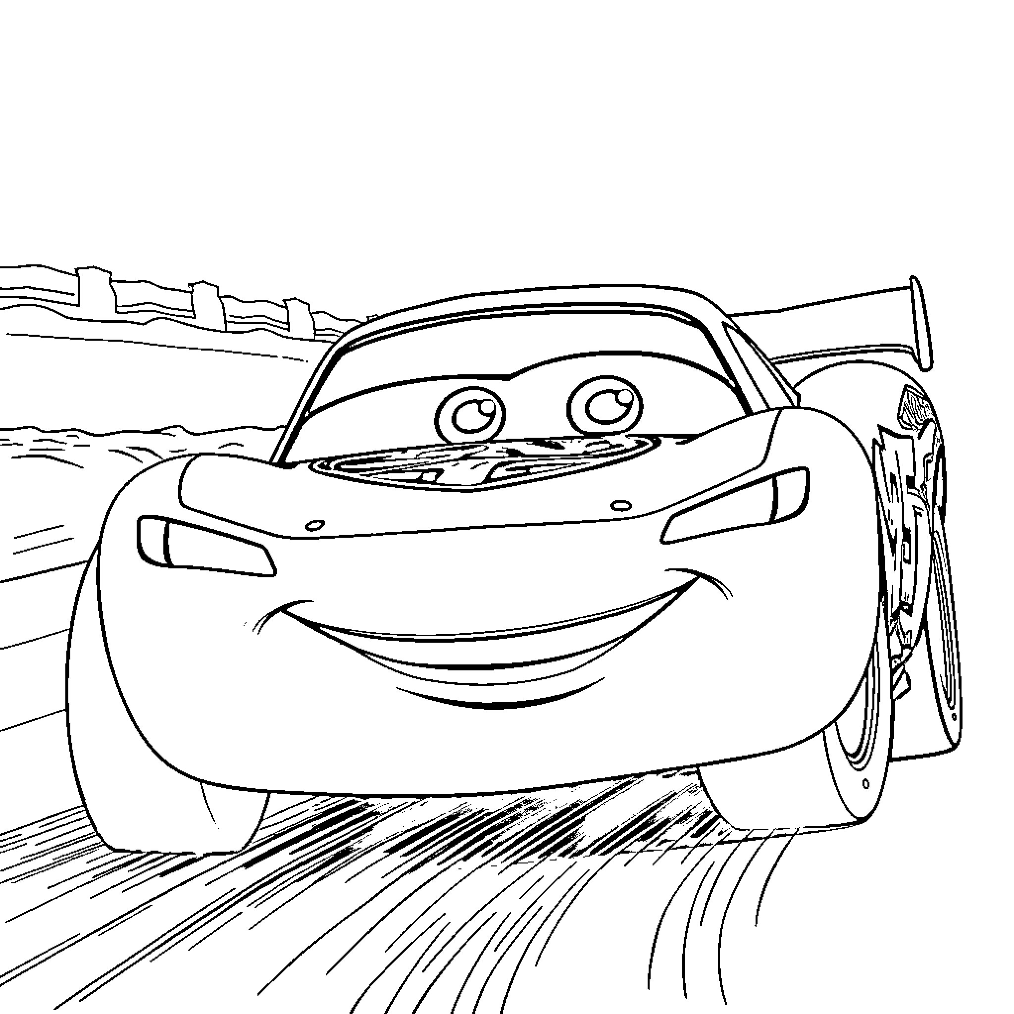 Lightning McQueen racing on the track Coloring Page (free black-and-white line drawing printable PDF for all, from beginners to advanced learners, including children, teens, adults, and seniors)