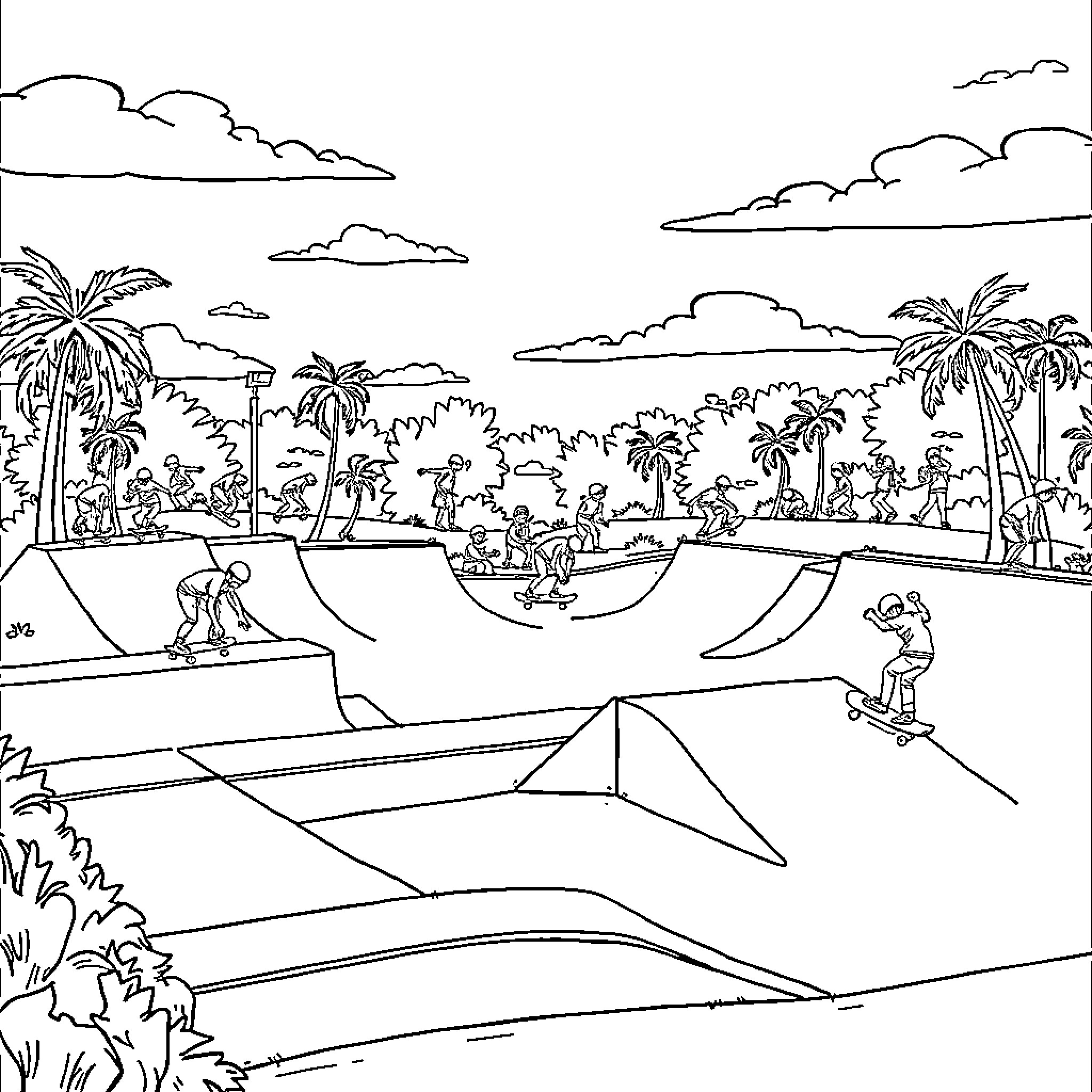 Skatepark with active skaters and onlookers Coloring Page (free black-and-white line drawing printable PDF for all, from beginners to advanced learners, including children, teens, adults, and seniors)