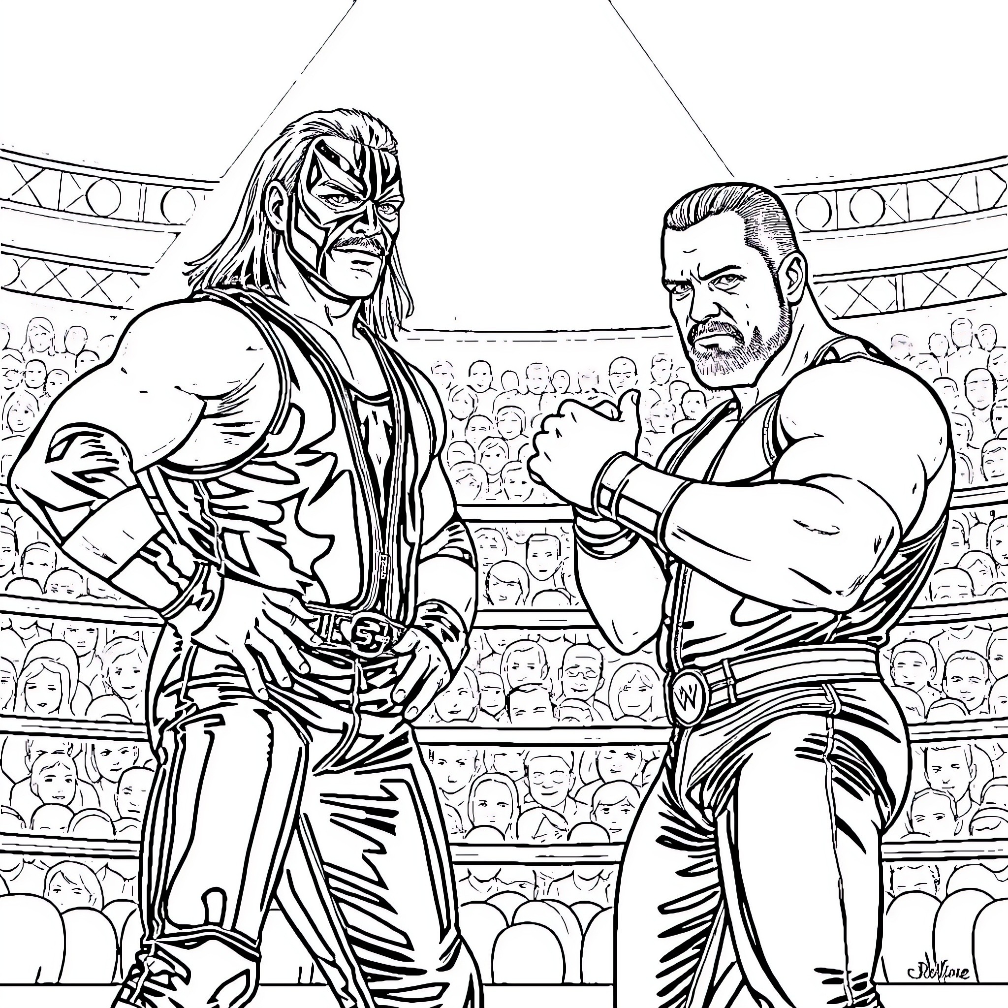 Wrestler Showdown in Wrestling Arena Coloring Page (free black-and-white line drawing printable PDF for all, from beginners to advanced learners, including children, teens, adults, and seniors)