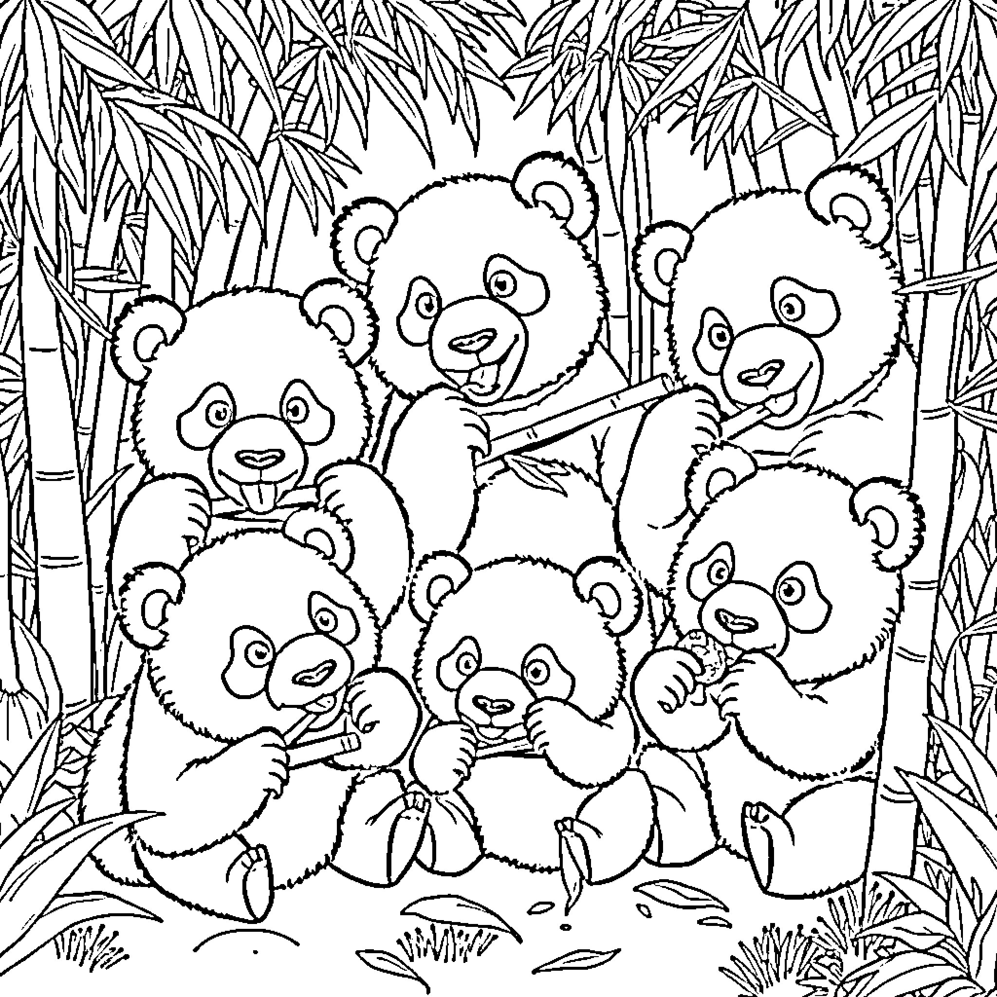 Panda family in the bamboo forest Coloring Page (free black-and-white line drawing printable PDF for all, from beginners to advanced learners, including children, teens, adults, and seniors)