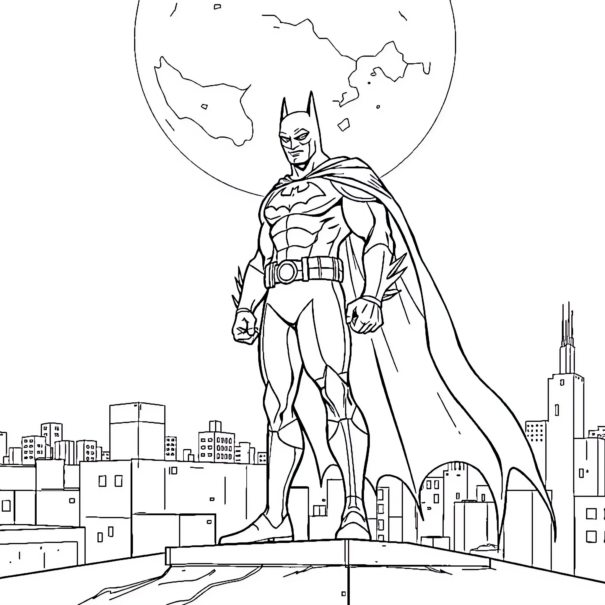 Batman standing tall against the city skyline Coloring Page (free black-and-white line drawing printable PDF for all, from beginners to advanced learners, including children, teens, adults, and seniors)