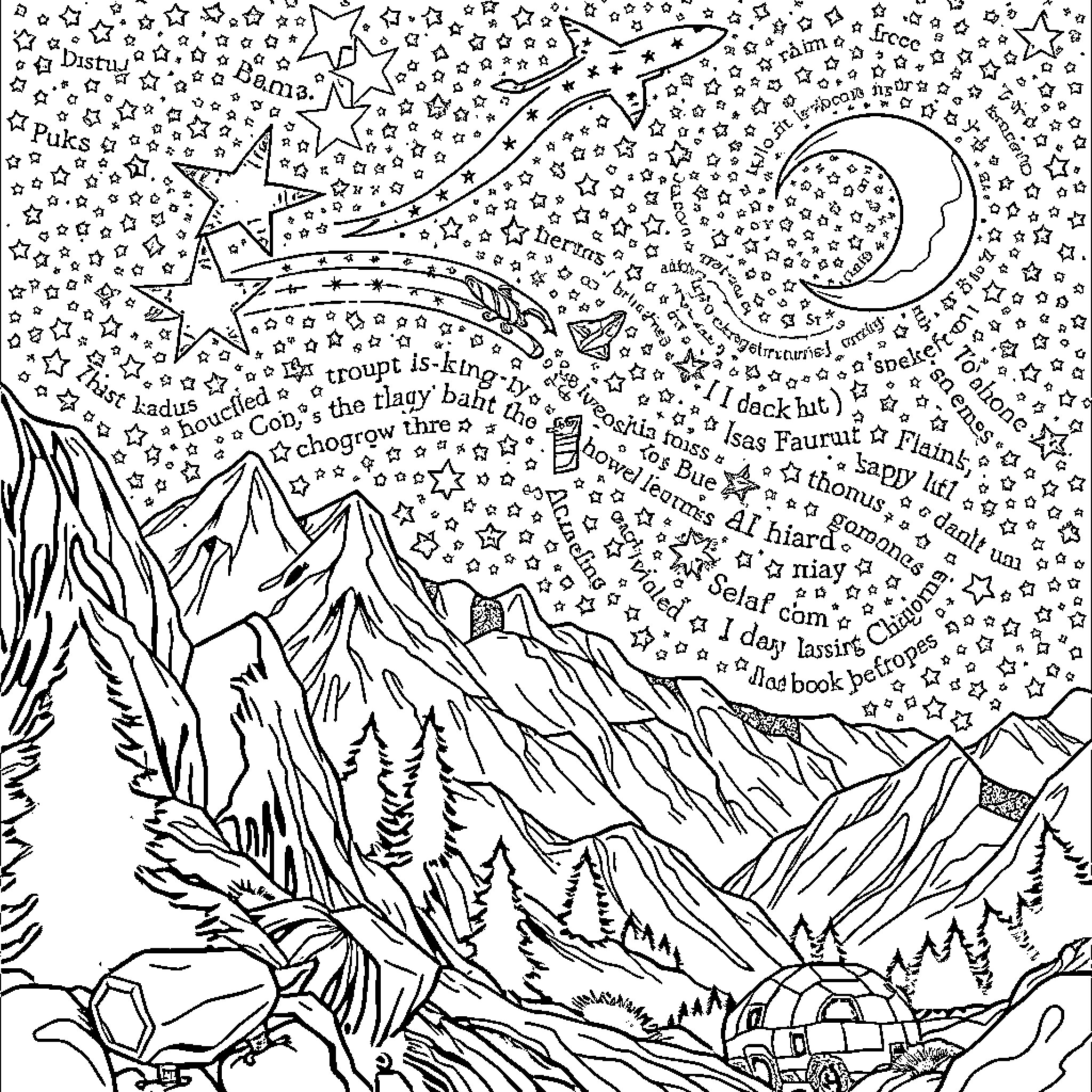 Night Scene with Stars, Comet, and Mountainous Landscape Coloring Page (free black-and-white line drawing printable PDF for all, from beginners to advanced learners, including children, teens, adults, and seniors)