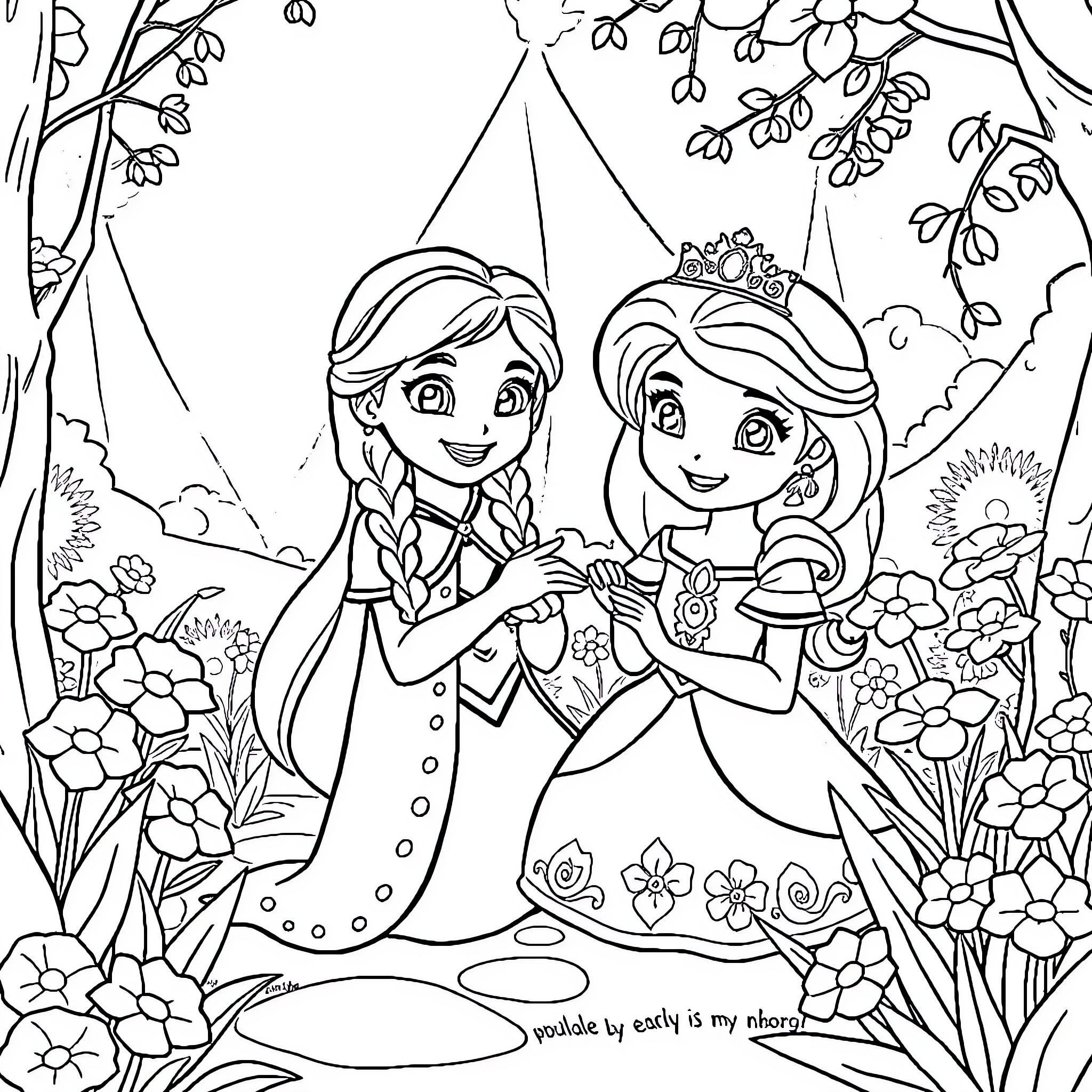 Princess Elsa and Anna in a Magical Garden Coloring Page (free black-and-white line drawing printable PDF for all, from beginners to advanced learners, including children, teens, adults, and seniors)