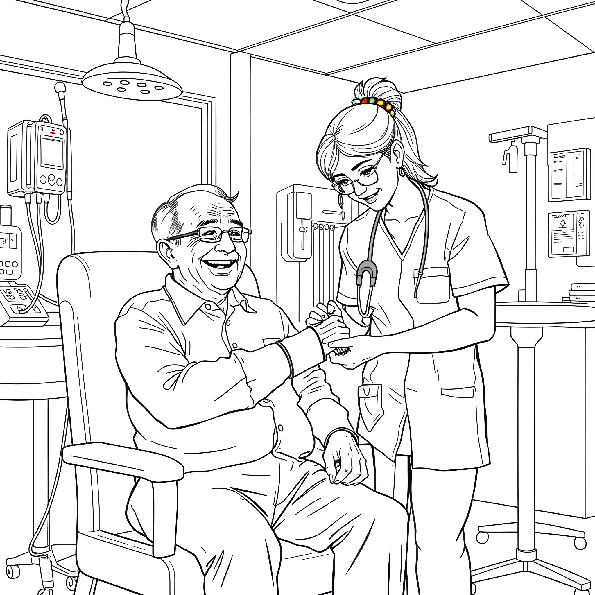 Man interacting with medical professional in hospital setting Coloring Page (free black-and-white line drawing printable PDF for all, from beginners to advanced learners, including children, teens, adults, and seniors)
