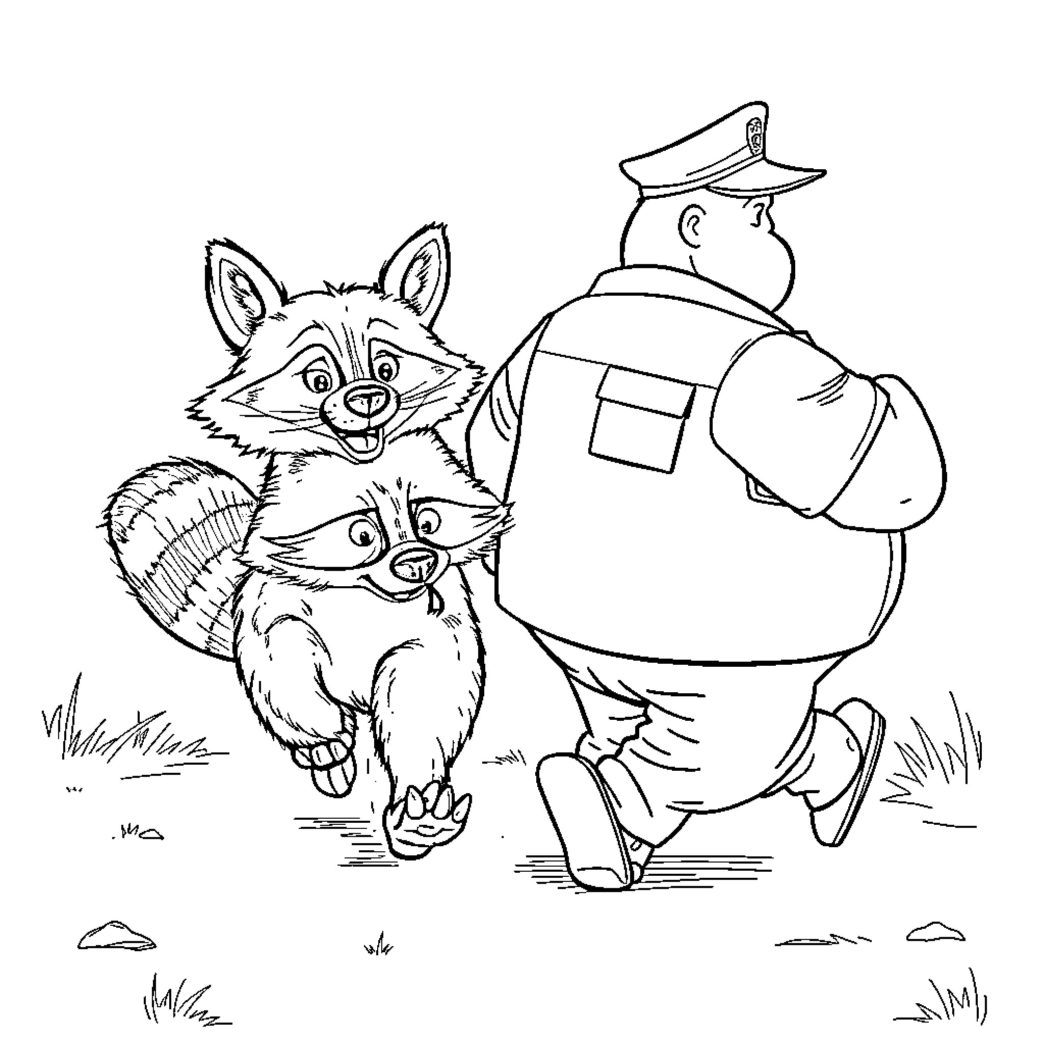 Raccoon being apprehended by a police officer Coloring Page (free black-and-white line drawing printable PDF for all, from beginners to advanced learners, including children, teens, adults, and seniors)