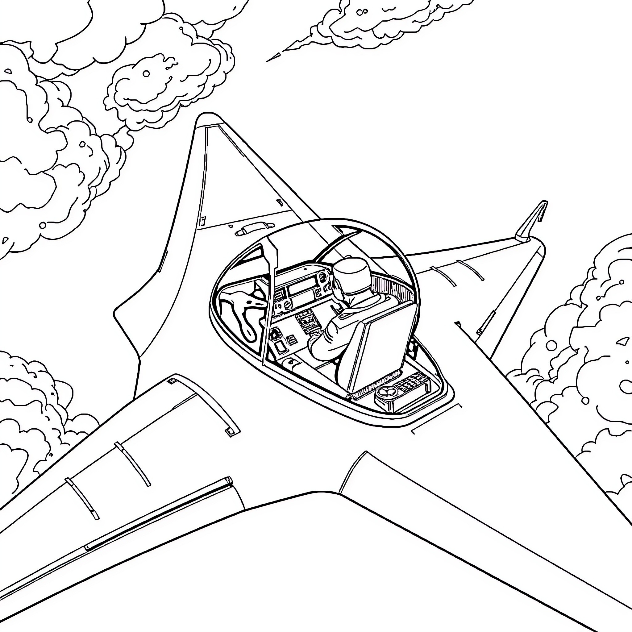 Rafale fighter jet soaring through clouds Coloring Page (free black-and-white line drawing printable PDF for all, from beginners to advanced learners, including children, teens, adults, and seniors)