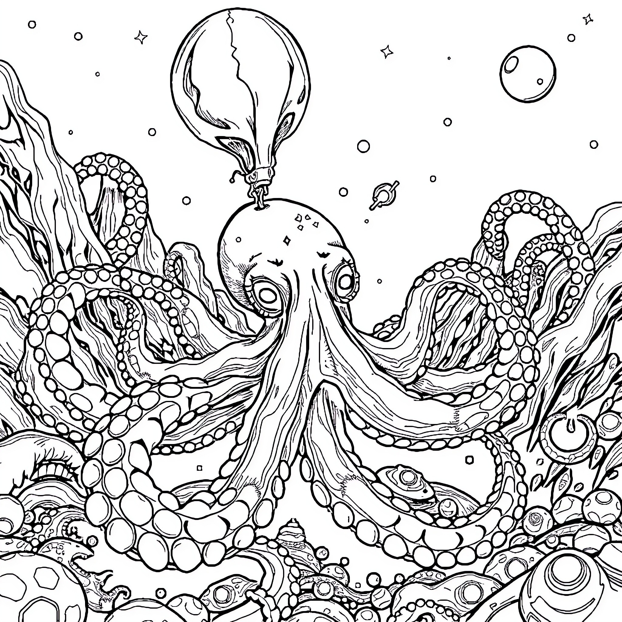 Tentacle creature in cosmic ocean landscape Coloring Page (free black-and-white line drawing printable PDF for all, from beginners to advanced learners, including children, teens, adults, and seniors)