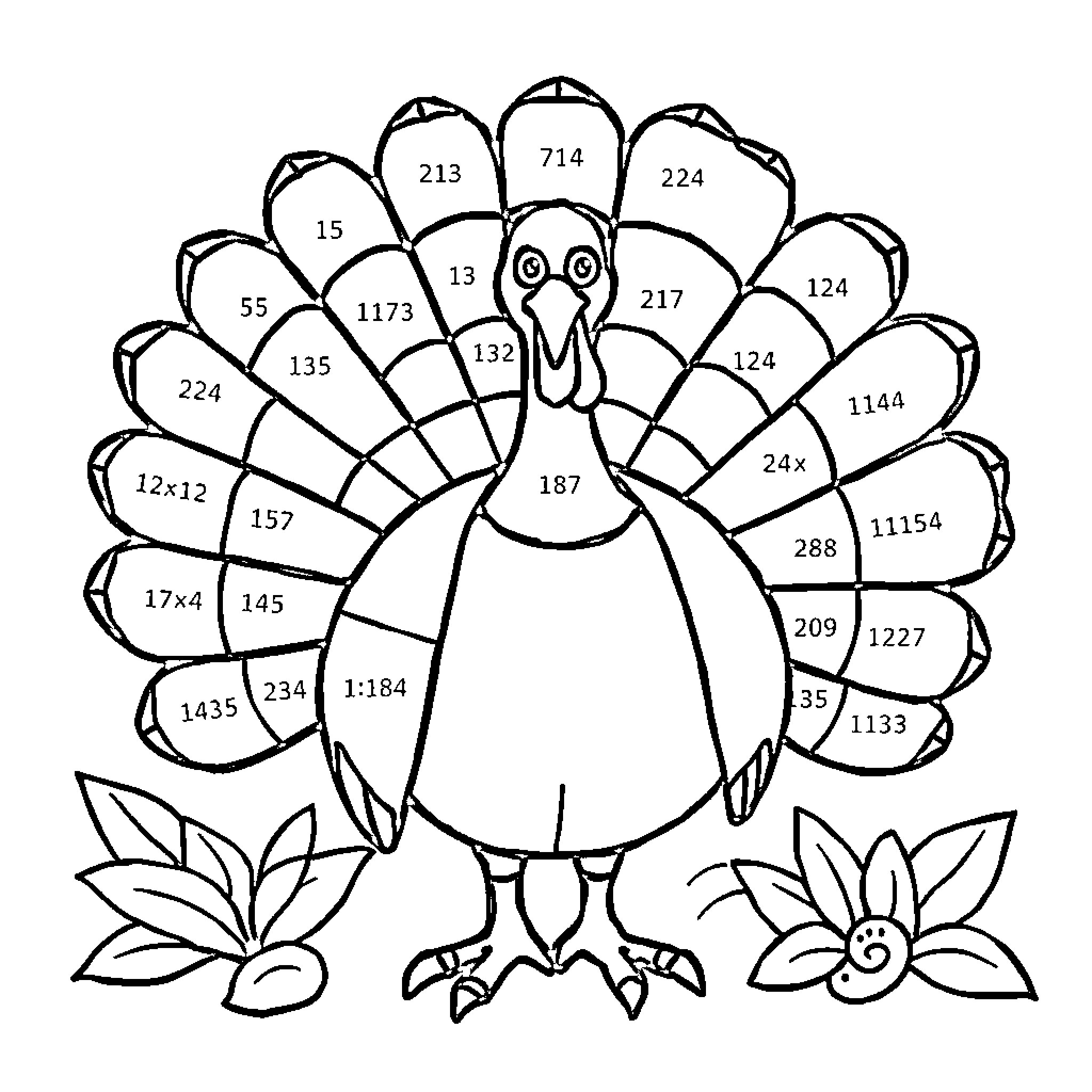 Thanksgiving Peacock with Intricate Pattern and Flowers Coloring Page (free black-and-white line drawing printable PDF for all, from beginners to advanced learners, including children, teens, adults, and seniors)