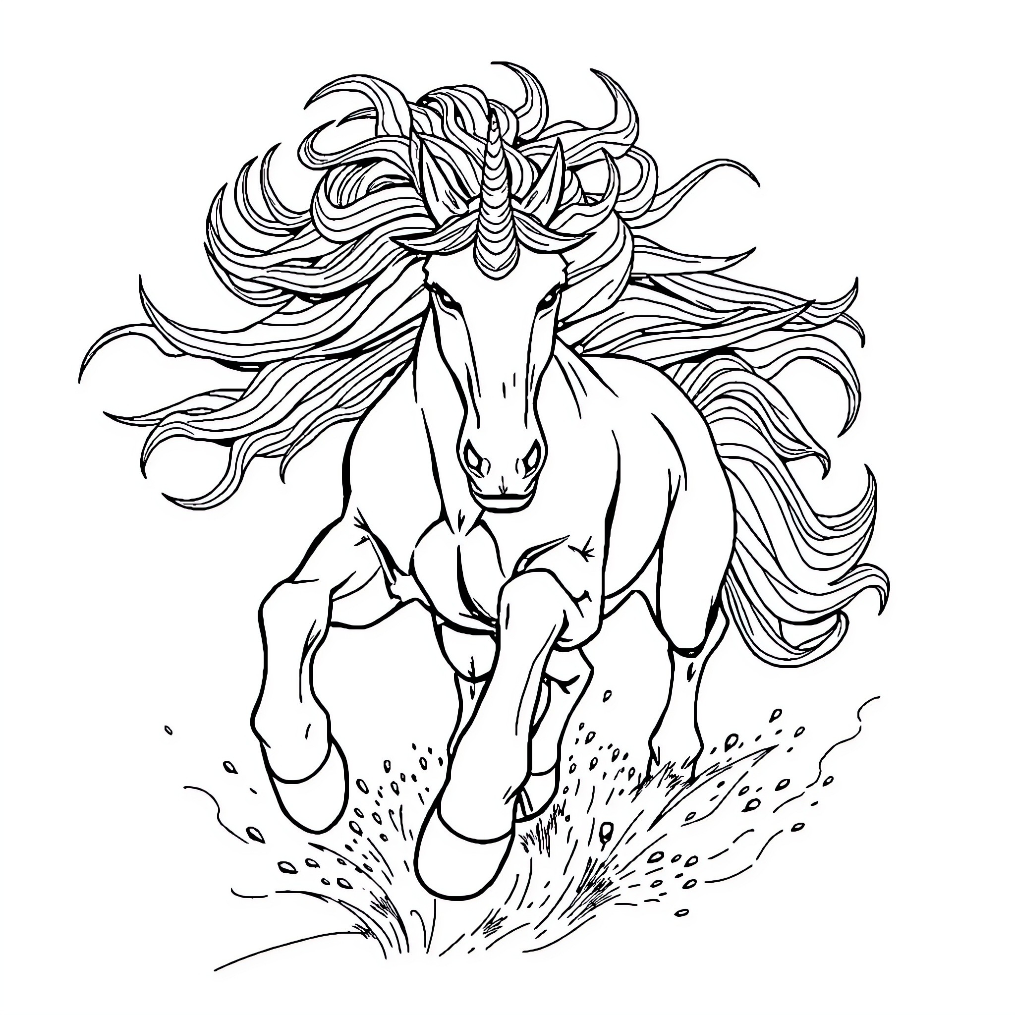 Unicorn Cthulhu charging through the waves Coloring Page (free black-and-white line drawing printable PDF for all, from beginners to advanced learners, including children, teens, adults, and seniors)