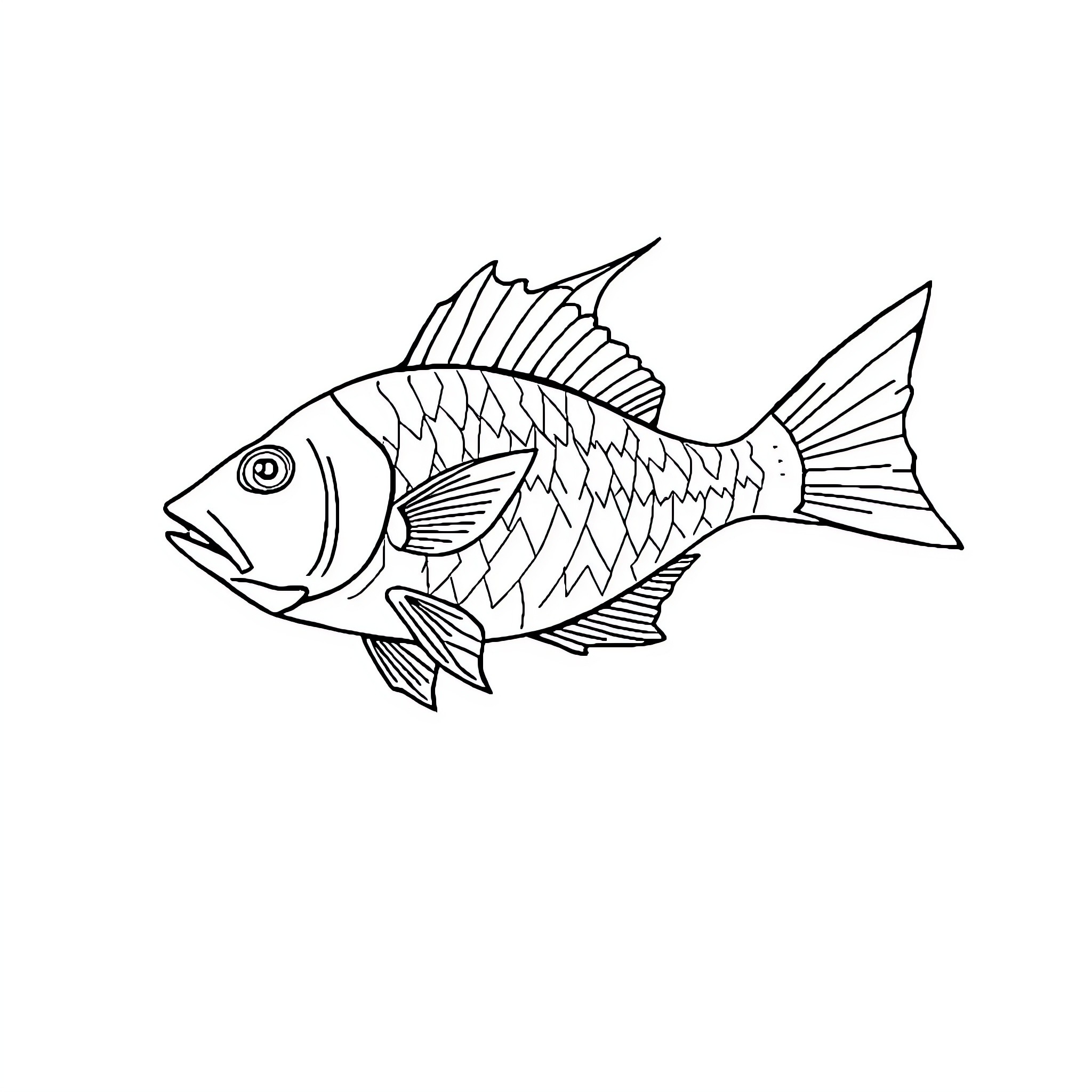 Fish swimming with distinct features Coloring Page (free black-and-white line drawing printable PDF for all, from beginners to advanced learners, including children, teens, adults, and seniors)